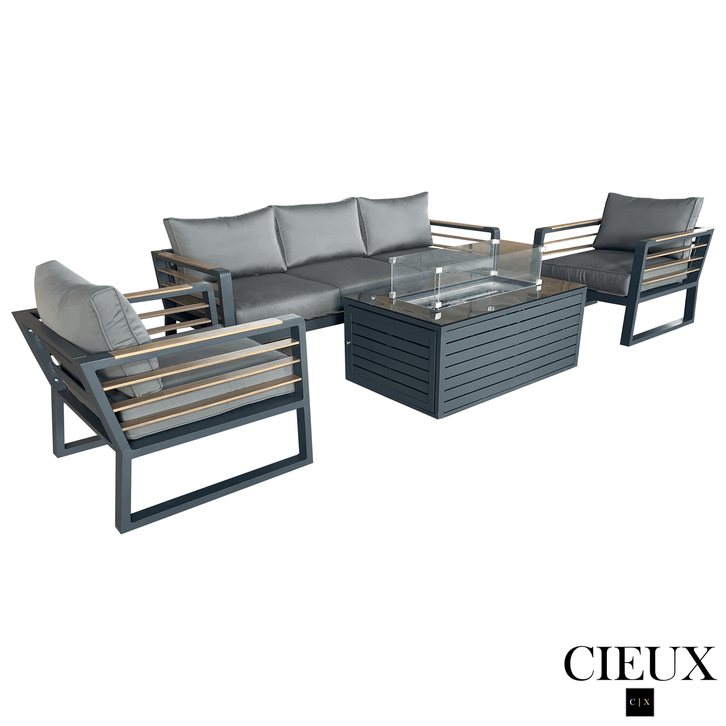 CIEUX Sofa Set Avignon 4 Piece Outdoor Patio Aluminum Metal Sofa and 2 Club Chairs Conversation Set with Annency Fire Pit Coffee Table in Midnight Grey with Sunbrella Cushions in Canvas Charcoal