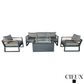 CIEUX Sofa Set Avignon 4 Piece Outdoor Patio Aluminum Metal Sofa and 2 Club Chairs Conversation Set with Annency Fire Pit Coffee Table in Midnight Grey with Sunbrella Cushions in Canvas Charcoal