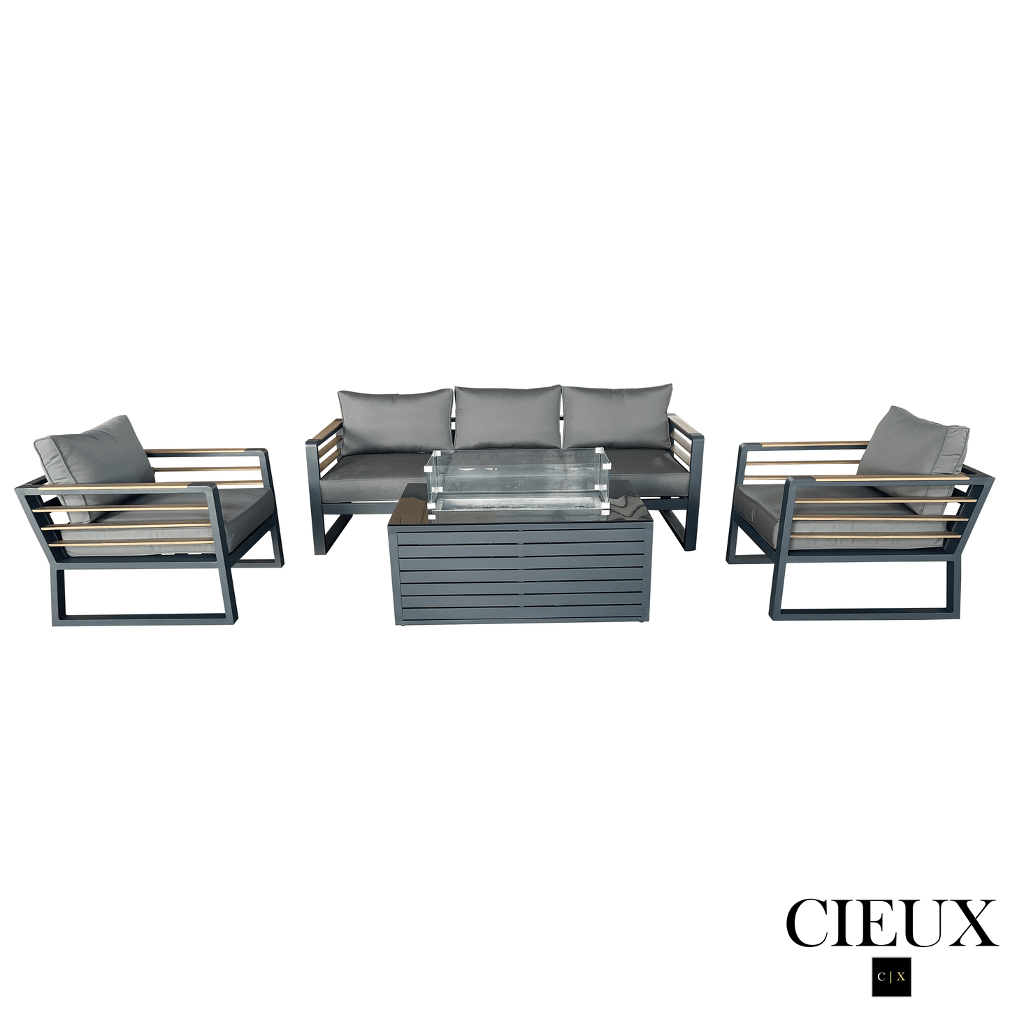 CIEUX Sofa Set Avignon 4 Piece Outdoor Patio Aluminum Metal Sofa and 2 Club Chairs Conversation Set with Annency Fire Pit Coffee Table in Midnight Grey with Sunbrella Cushions in Canvas Charcoal