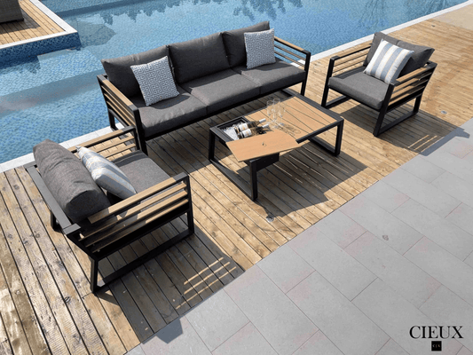 CIEUX Sofa Set Avignon Outdoor Patio Aluminum Metal Sofa Conversation Set in Black with Sunbrella Cushions - Available in 2 Colours