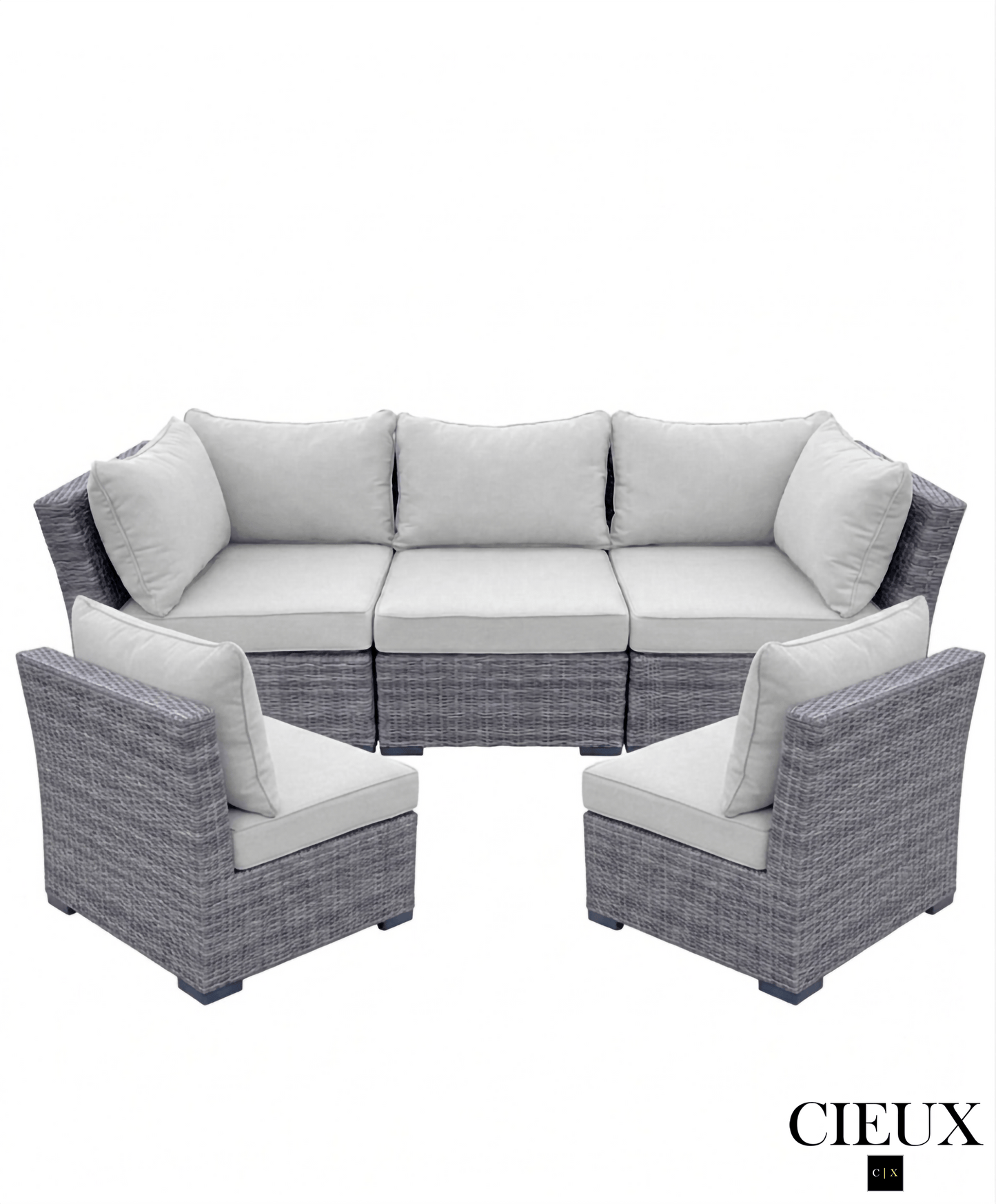 CIEUX Sofa Set Cannes 3 Piece Outdoor Patio Wicker Sofa Conversation Set with 2 Armless Chairs in Grey Wicker with Sunbrella Cushions in Canvas Natural