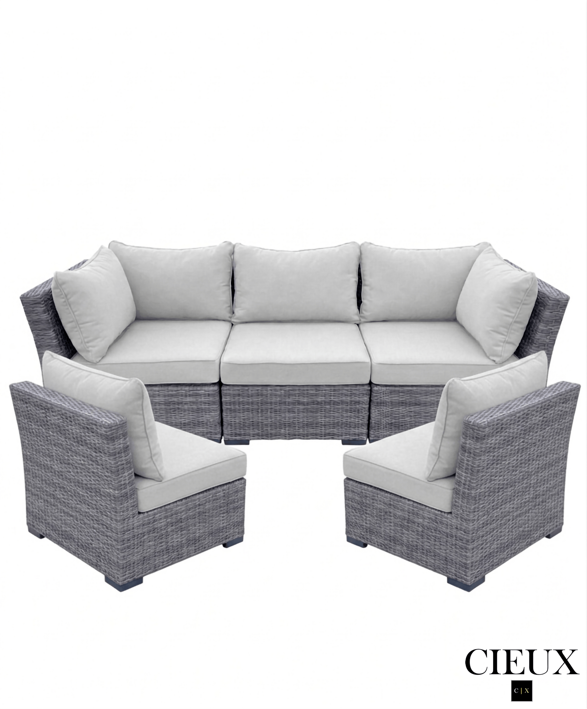 CIEUX Sofa Set Cannes 3 Piece Outdoor Patio Wicker Sofa Conversation Set with 2 Armless Chairs in Grey Wicker with Sunbrella Cushions in Canvas Natural