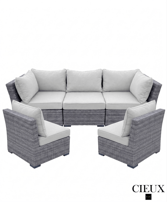 CIEUX Sofa Set Cannes 3 Piece Outdoor Patio Wicker Sofa Conversation Set with 2 Armless Chairs in Grey Wicker with Sunbrella Cushions in Canvas Natural