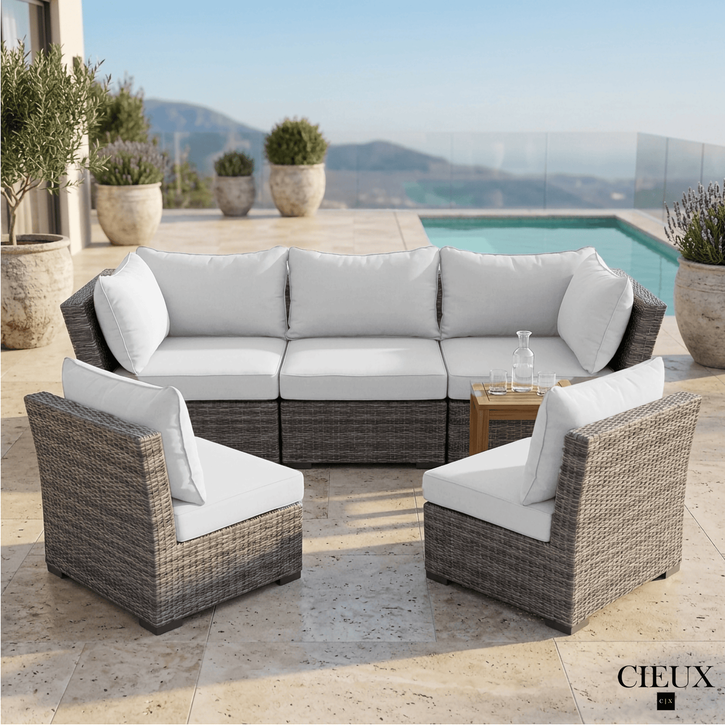 CIEUX Sofa Set Cannes 3 Piece Outdoor Patio Wicker Sofa Conversation Set with 2 Armless Chairs in Grey Wicker with Sunbrella Cushions in Canvas Natural