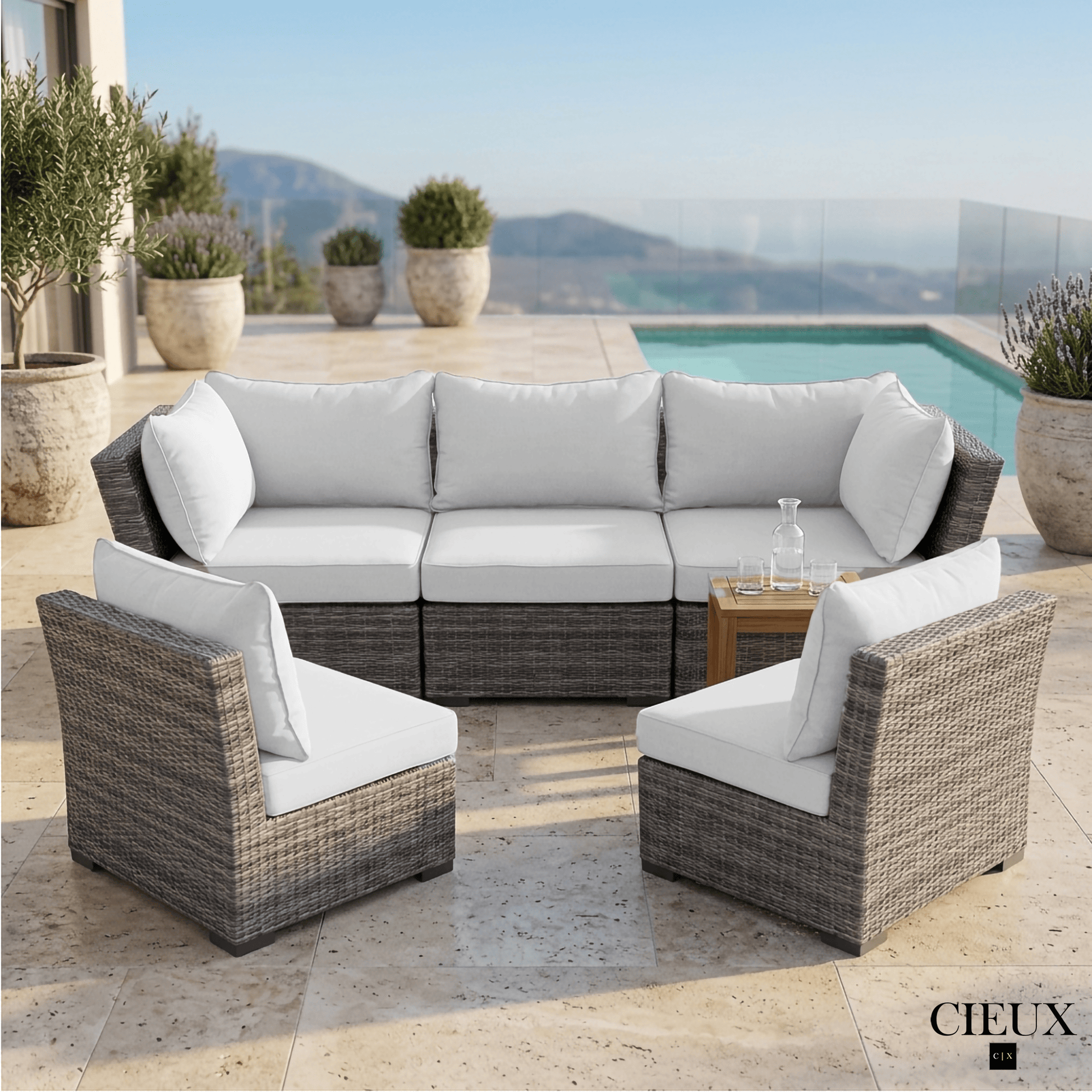 CIEUX Sofa Set Cannes 3 Piece Outdoor Patio Wicker Sofa Conversation Set with 2 Armless Chairs in Grey Wicker with Sunbrella Cushions in Canvas Natural