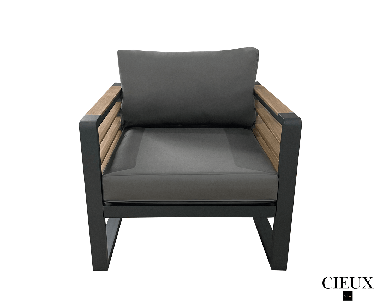 CIEUX Avignon 3 Piece Outdoor Patio Aluminum Metal L Shaped Sectional Sofa with Adjustable Seats and Club Chair Set and Annency Fire Pit Coffee Table in Midnight Grey with Sunbrella Cushions in Canvas Charcoal, image 11
