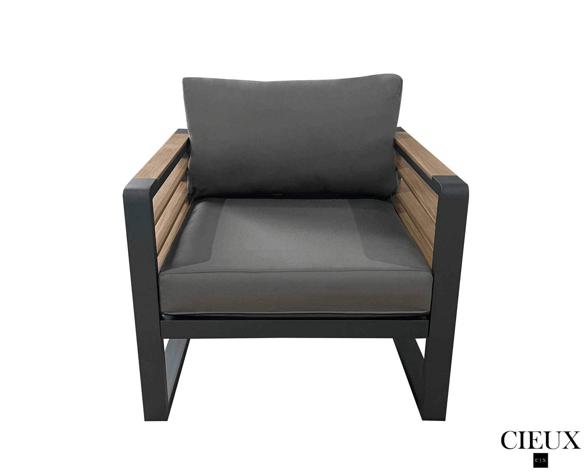 CIEUX Avignon 4 Piece Outdoor Patio Aluminum Metal Sofa and 2 Club Chairs Conversation Set with Alsace Fire Pit Adjustable Height Table in Midnight Grey with Sunbrella Cushions in Canvas Charcoal, image 9