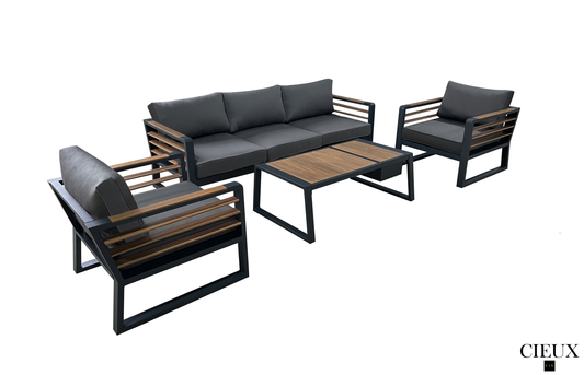 Avignon Outdoor Patio Aluminum Metal Sofa Conversation Set in Midnight Grey with Sunbrella Cushions in Canvas Charcoal