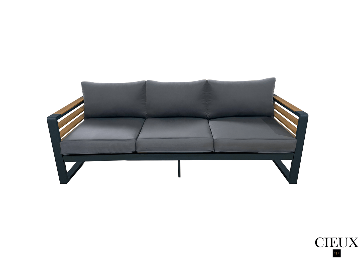 CIEUX Avignon 4 Piece Outdoor Patio Aluminum Metal Sofa and 2 Club Chairs Conversation Set with Annency Fire Pit Coffee Table in Midnight Grey with Sunbrella Cushions in Canvas Charcoal, image 5