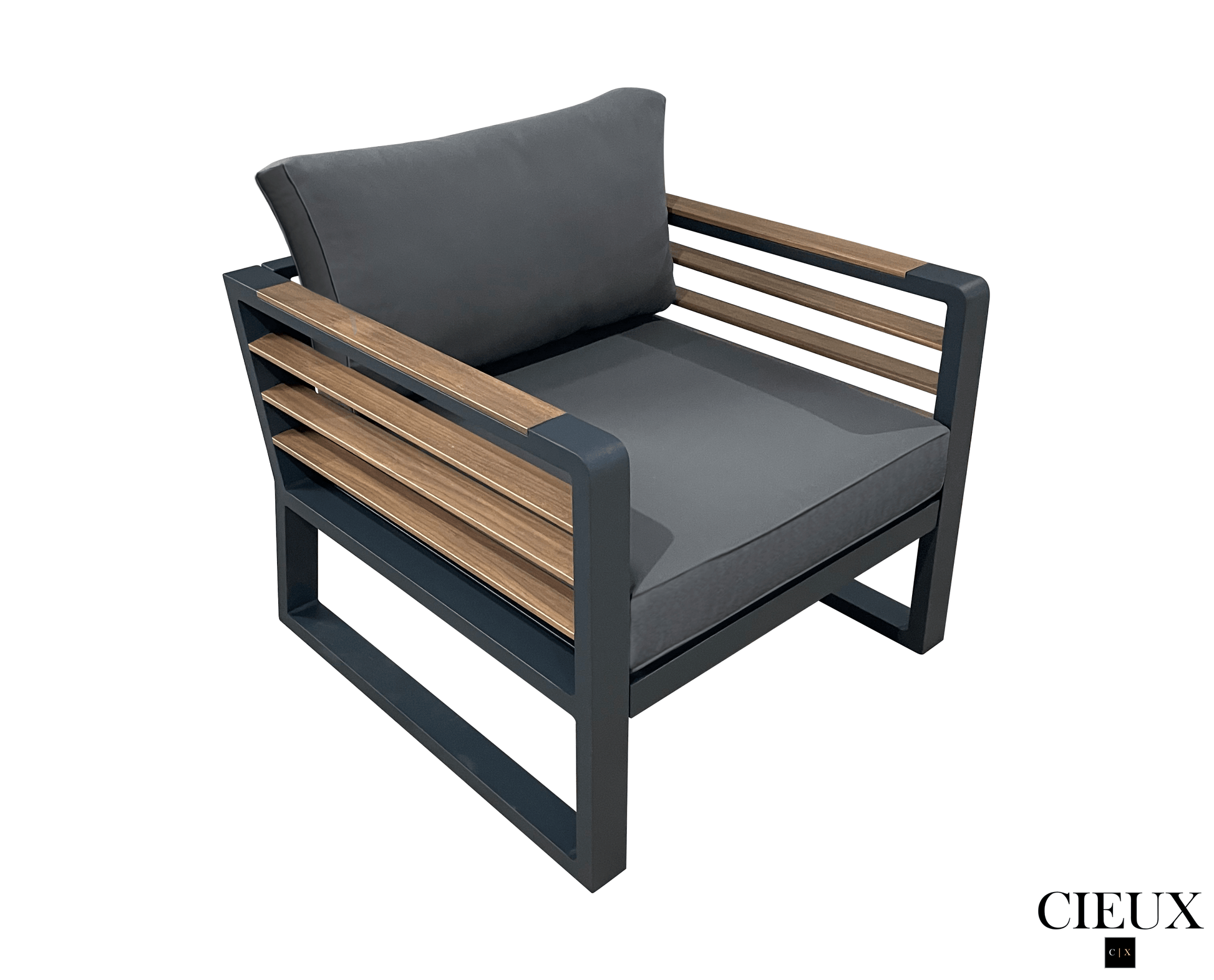 CIEUX Avignon 4 Piece Outdoor Patio Aluminum Metal Sofa and 2 Club Chairs Conversation Set with Alsace Fire Pit Adjustable Height Table in Midnight Grey with Sunbrella Cushions in Canvas Charcoal, image 8