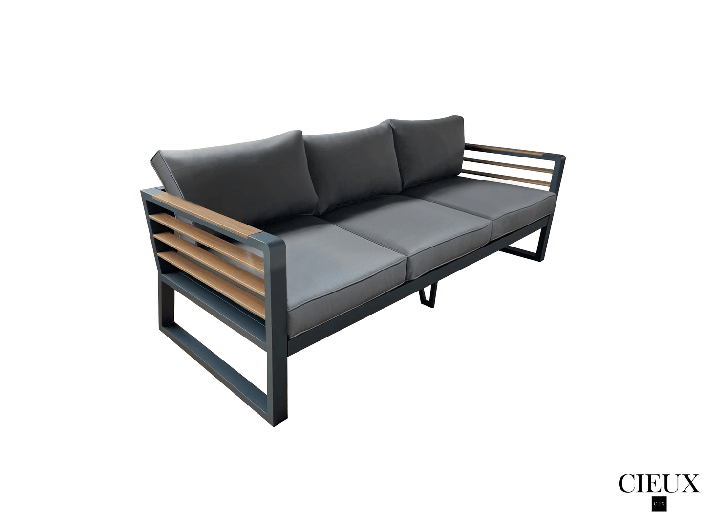 CIEUX Avignon 4 Piece Outdoor Patio Aluminum Metal Sofa and 2 Club Chairs Conversation Set with Alsace Fire Pit Adjustable Height Table in Midnight Grey with Sunbrella Cushions in Canvas Charcoal, image 6