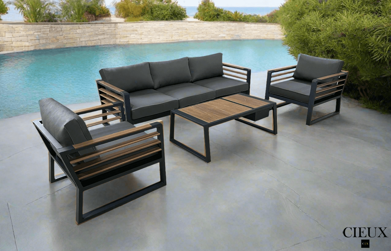 Avignon Outdoor Patio Aluminum Metal Sofa Conversation Set in Midnight Grey with Sunbrella Cushions in Canvas Charcoal