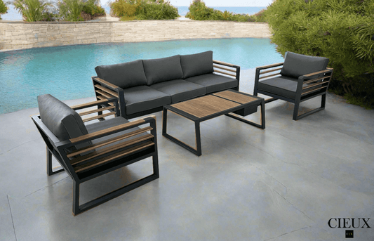Avignon Outdoor Patio Aluminum Metal Sofa Conversation Set in Midnight Grey with Sunbrella Cushions in Canvas Charcoal