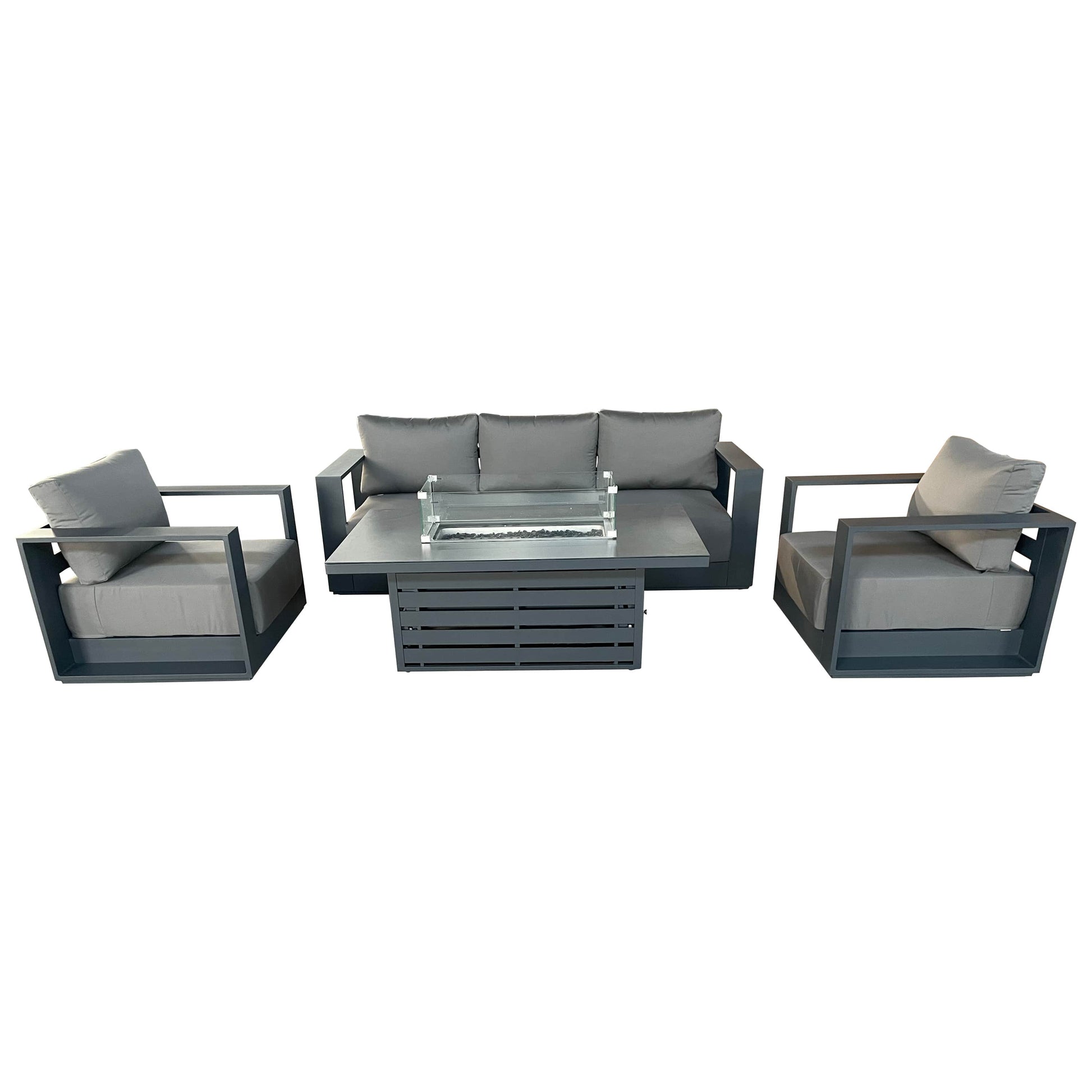 CIEUX Sofa Set Canvas Charcoal Lyon 4 Piece Outdoor Patio Aluminum Metal Sofa and 2 Club Chairs Conversation Set with Alsace Fire Pit Adjustable Height Table in Midnight Grey with Sunbrella Cushions - Available in 2 Colours