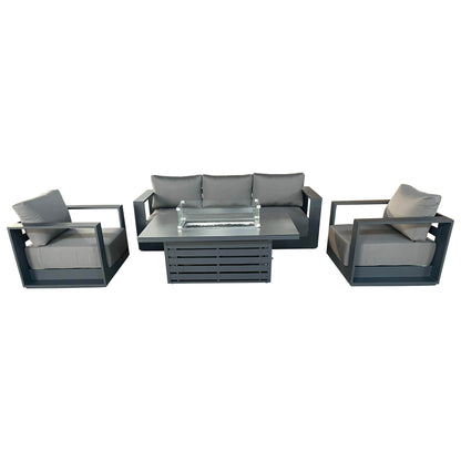 CIEUX Sofa Set Canvas Charcoal Lyon 4 Piece Outdoor Patio Aluminum Metal Sofa and 2 Club Chairs Conversation Set with Alsace Fire Pit Adjustable Height Table in Midnight Grey with Sunbrella Cushions - Available in 2 Colours