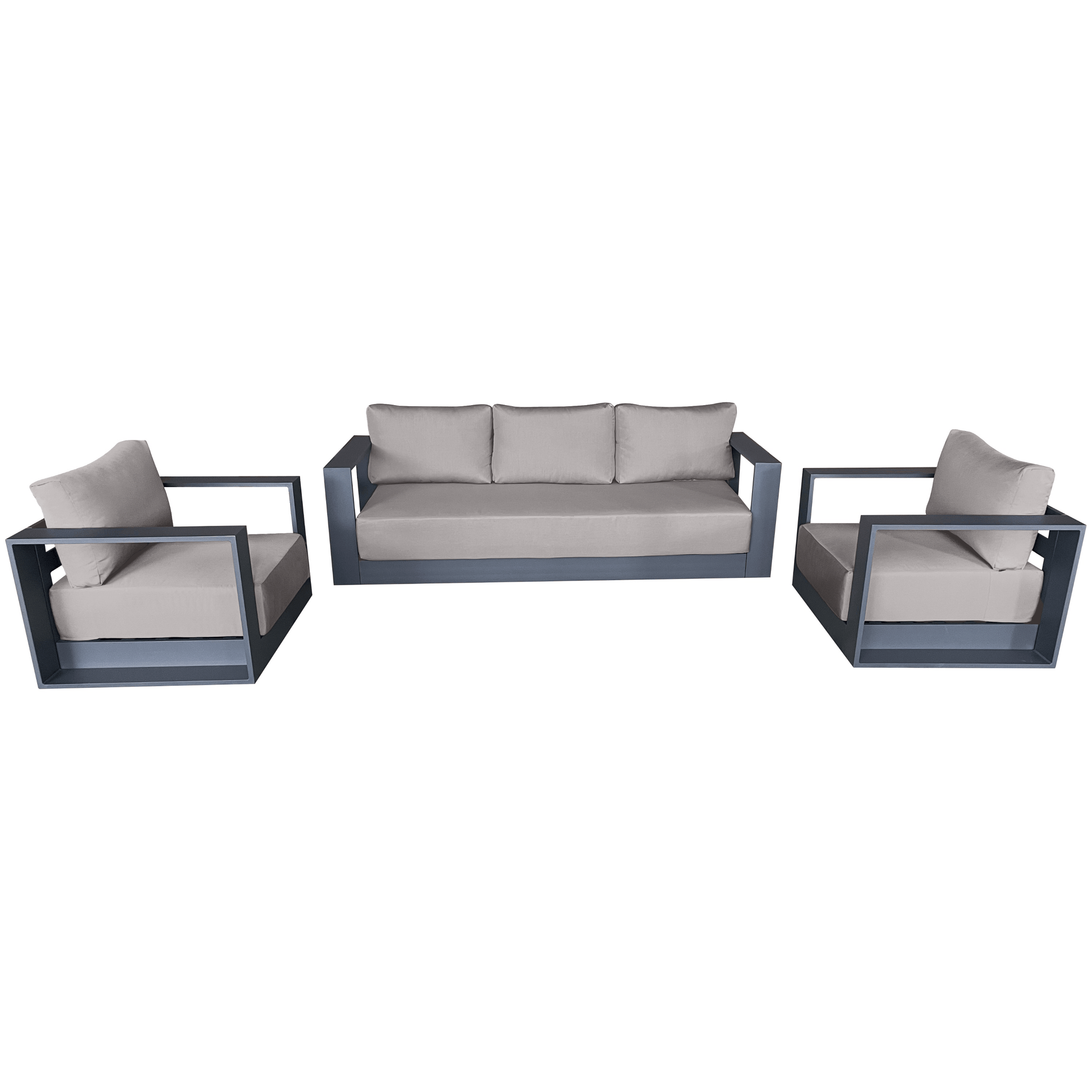 CIEUX Sofa Set Canvas Taupe Lyon 3 Piece Outdoor Patio Aluminum Metal Sofa and 2 Club Chairs Conversation Set in Midnight Grey with Sunbrella Cushions - Available in 2 Colours