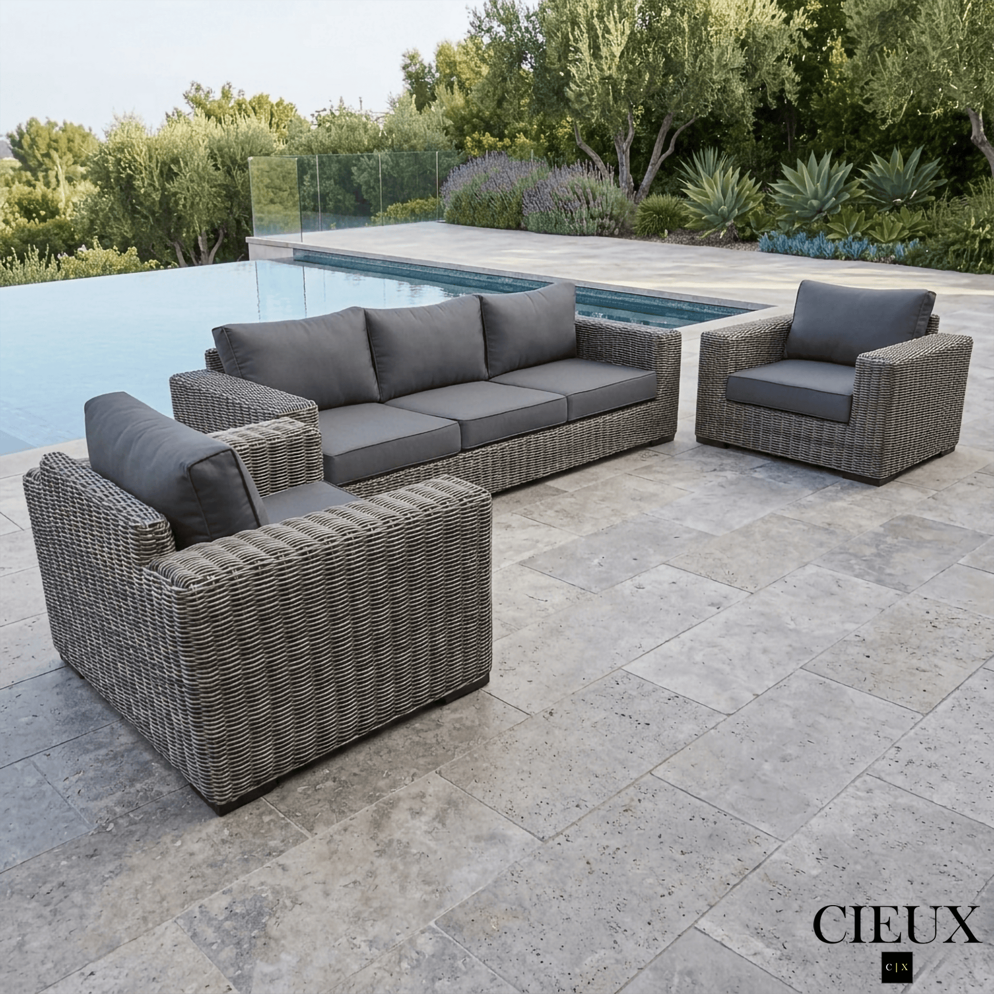 CIEUX Sofa Set Champagne 3 Piece Outdoor Patio Wicker Sofa and 2 Club Chairs Conversation Set in Grey with Sunbrella Cushions - Available in 2 Colours
