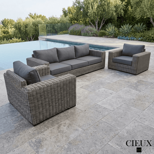 CIEUX Sofa Set Champagne 3 Piece Outdoor Patio Wicker Sofa and 2 Club Chairs Conversation Set in Grey with Sunbrella Cushions - Available in 2 Colours