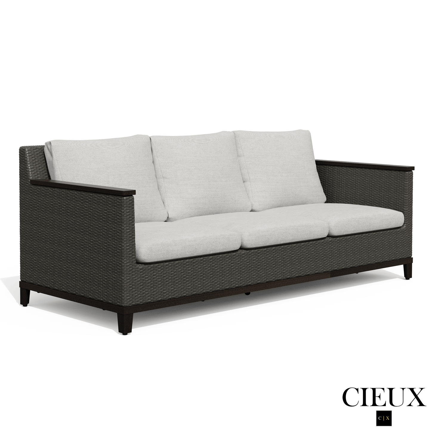 Cieux Sofa Set Loire Outdoor Patio Aluminum Metal Sofa Conversation Set with Swivel Club Chairs and Sunbrella Cast Silver Cushions