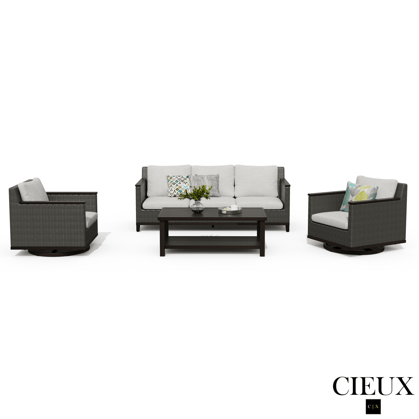 Cieux Sofa Set Loire Outdoor Patio Aluminum Metal Sofa Conversation Set with Swivel Club Chairs and Sunbrella Cast Silver Cushions