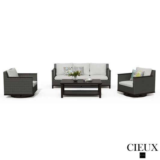 Cieux Sofa Set Loire Outdoor Patio Aluminum Metal Sofa Conversation Set with Swivel Club Chairs and Sunbrella Cast Silver Cushions
