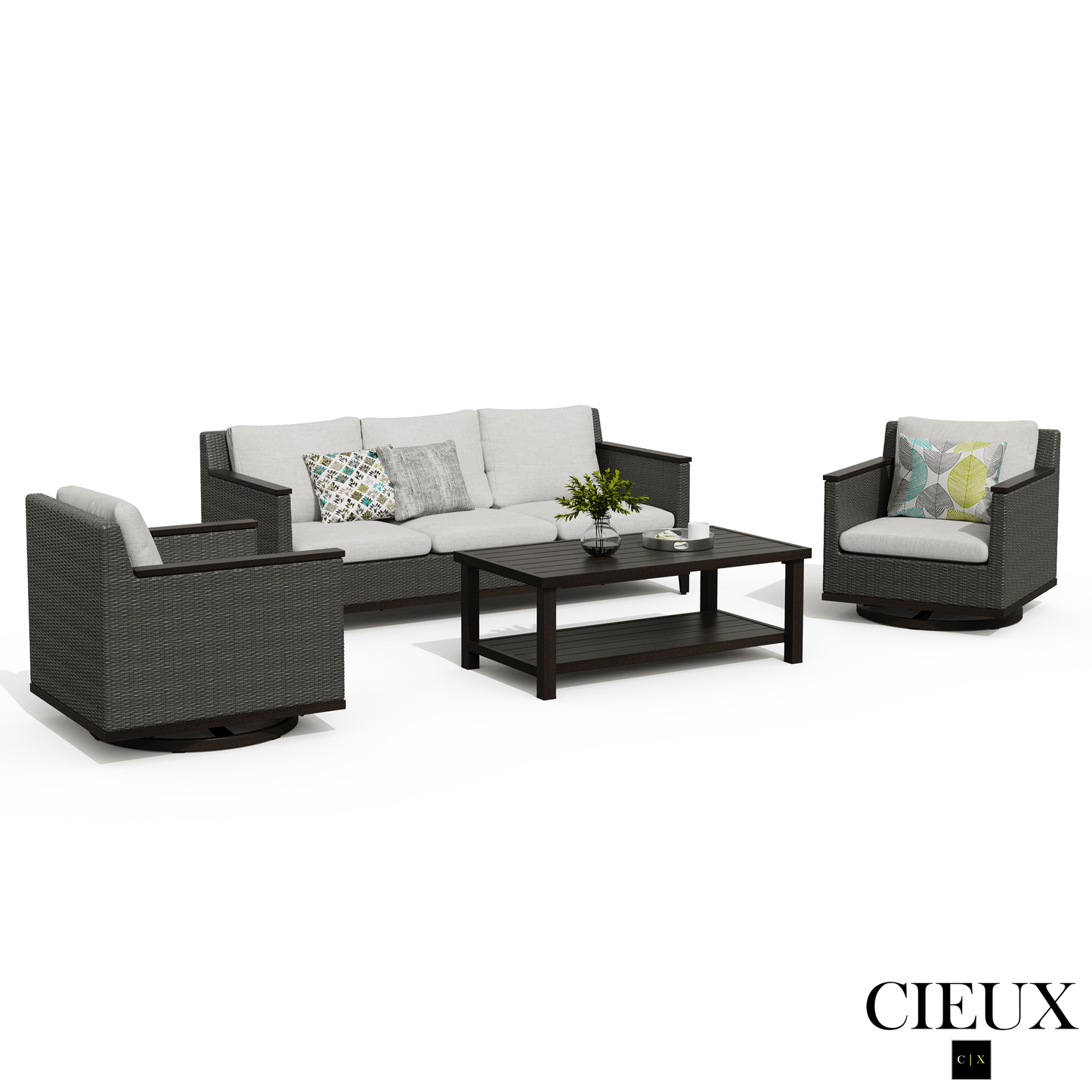 Cieux Sofa Set Loire Outdoor Patio Aluminum Metal Sofa Conversation Set with Swivel Club Chairs and Sunbrella Cast Silver Cushions