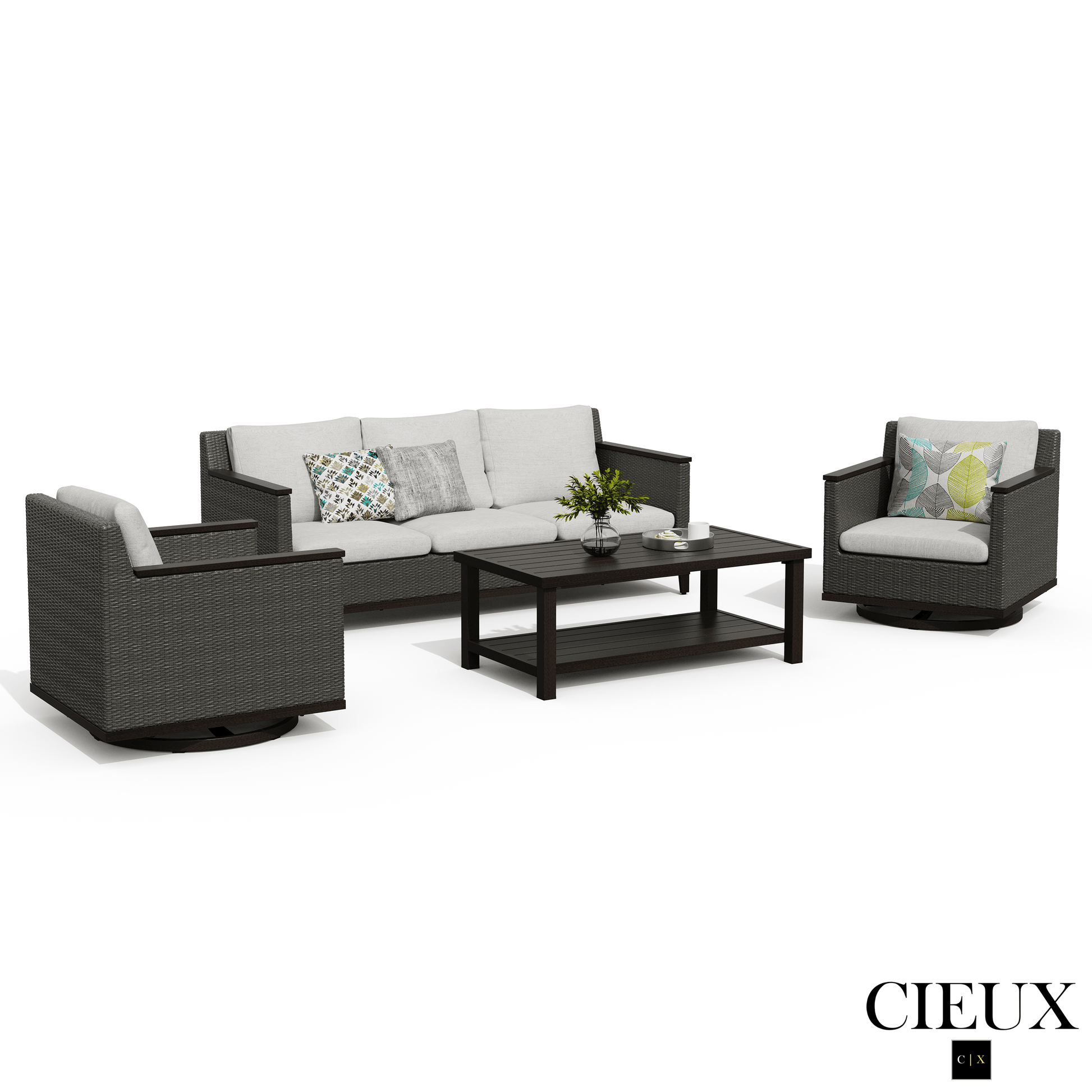 Cieux Sofa Set Loire Outdoor Patio Aluminum Metal Sofa Conversation Set with Swivel Club Chairs and Sunbrella Cast Silver Cushions