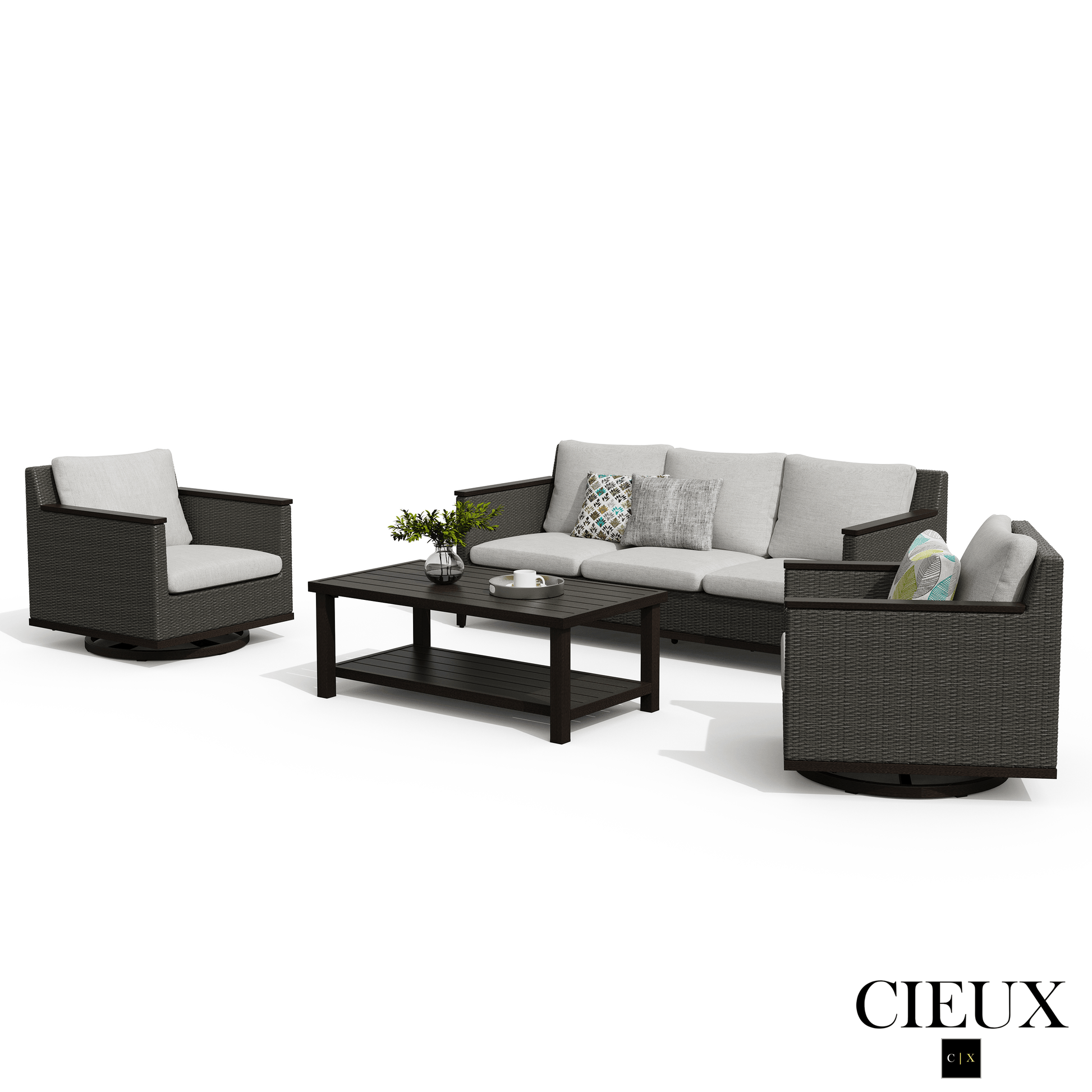 Cieux Sofa Set Loire Outdoor Patio Aluminum Metal Sofa Conversation Set with Swivel Club Chairs and Sunbrella Cast Silver Cushions