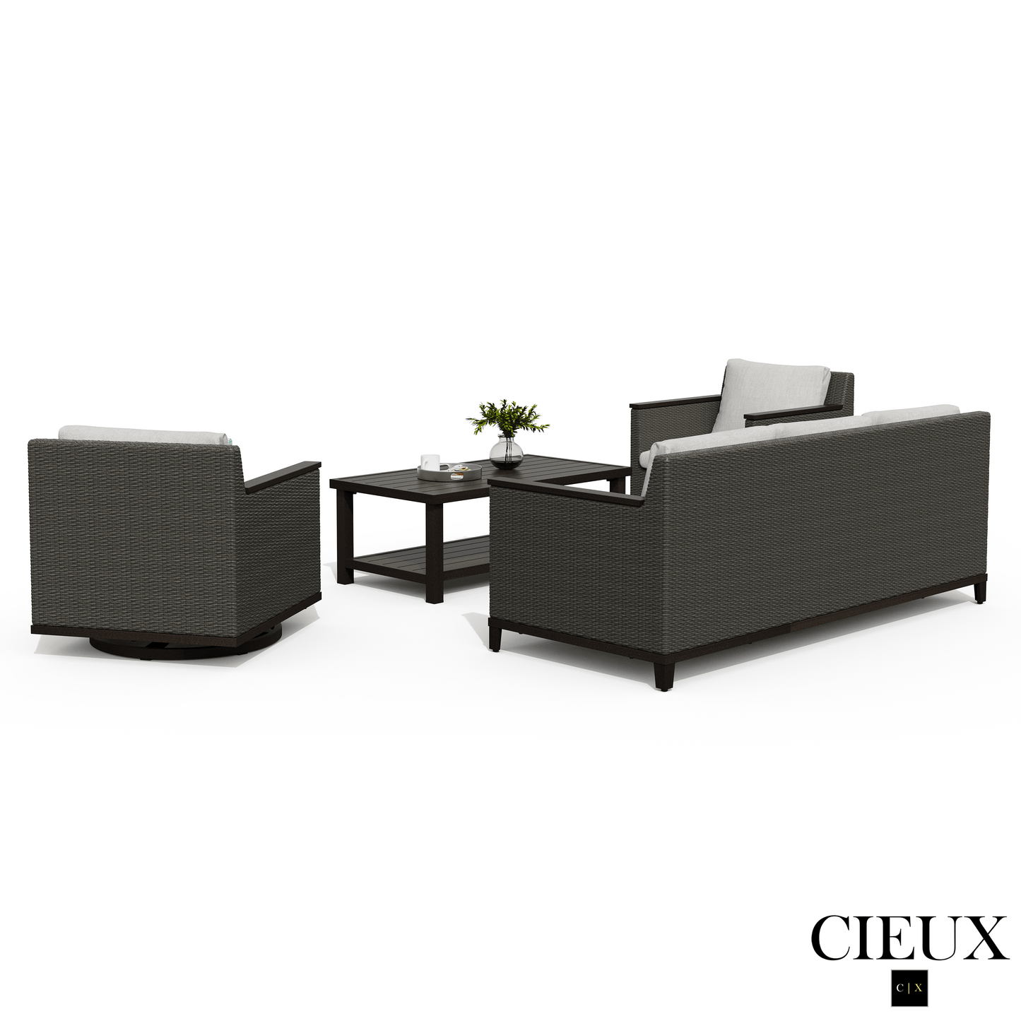 Cieux Sofa Set Loire Outdoor Patio Aluminum Metal Sofa Conversation Set with Swivel Club Chairs and Sunbrella Cast Silver Cushions