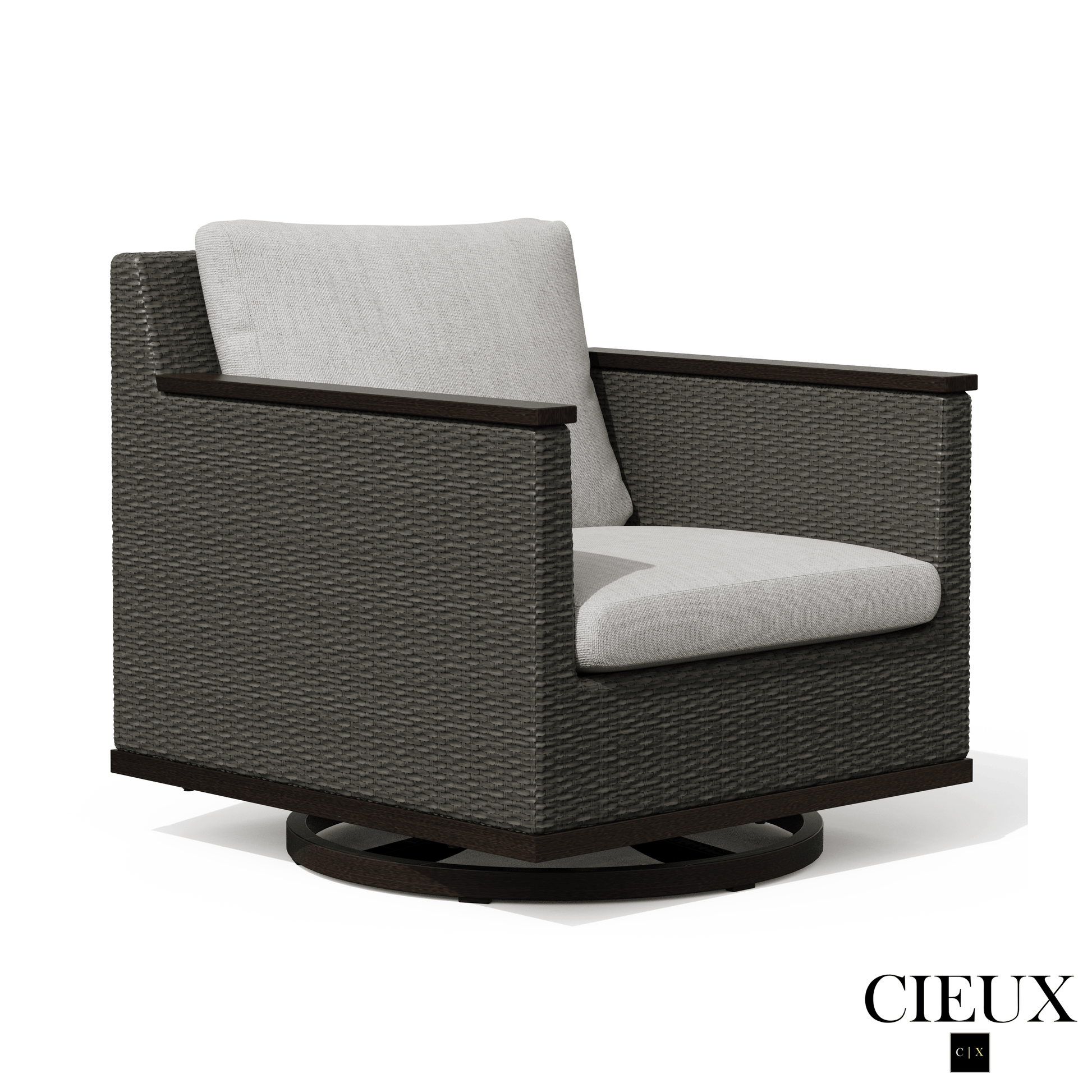 Cieux Sofa Set Loire Outdoor Patio Aluminum Metal Sofa Conversation Set with Swivel Club Chairs and Sunbrella Cast Silver Cushions