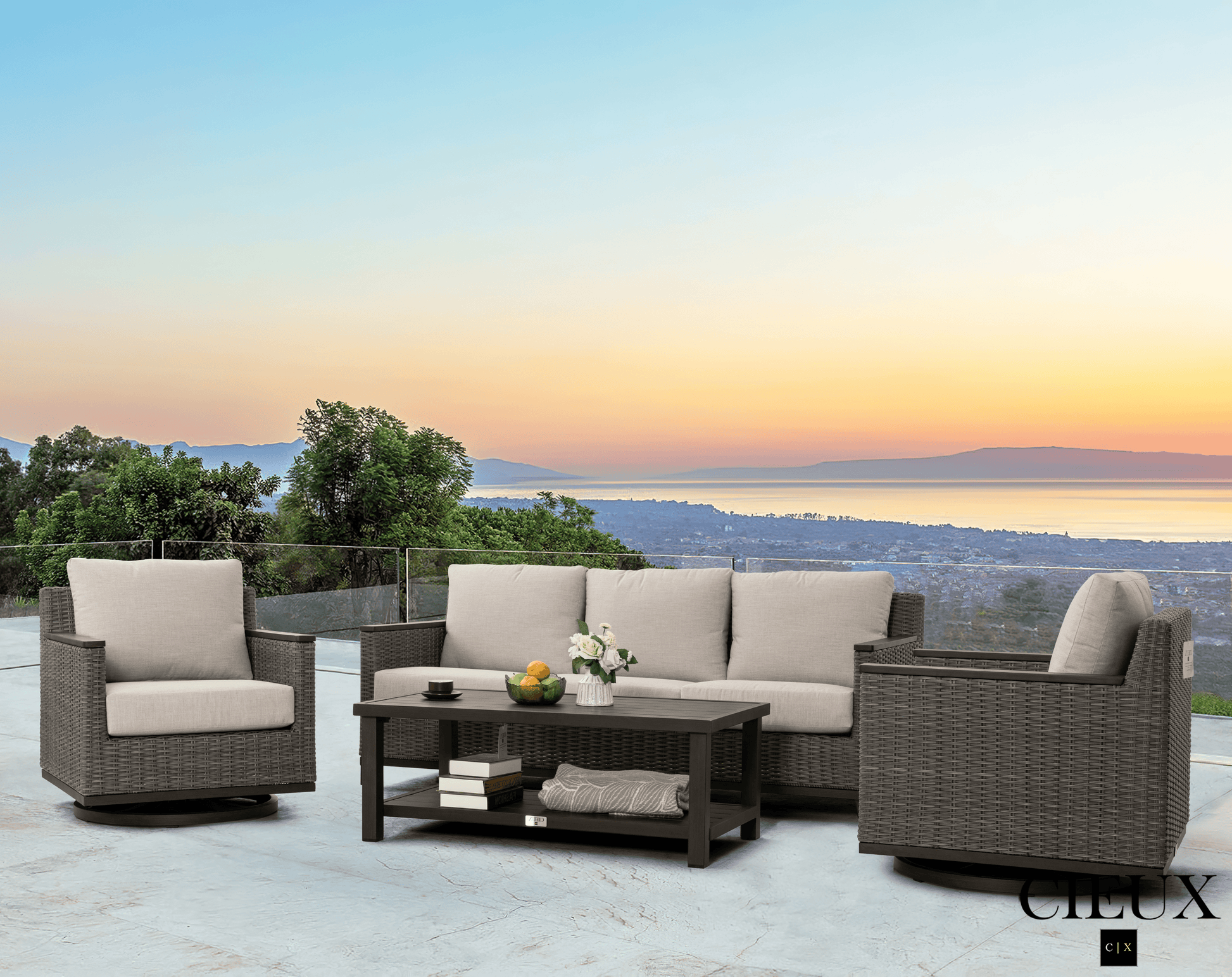 CIEUX Sofa Set Loire Outdoor Patio Aluminum Metal Sofa Conversation Set with Swivel Club Chairs and Sunbrella Cast Silver Cushions