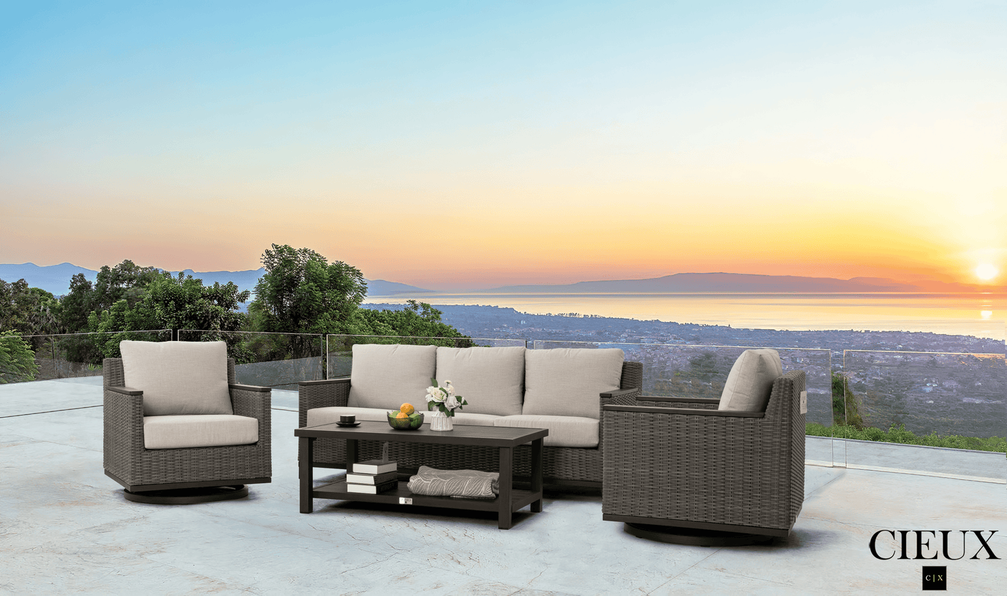 CIEUX Sofa Set Loire Outdoor Patio Aluminum Metal Sofa Conversation Set with Swivel Club Chairs and Sunbrella Cast Silver Cushions