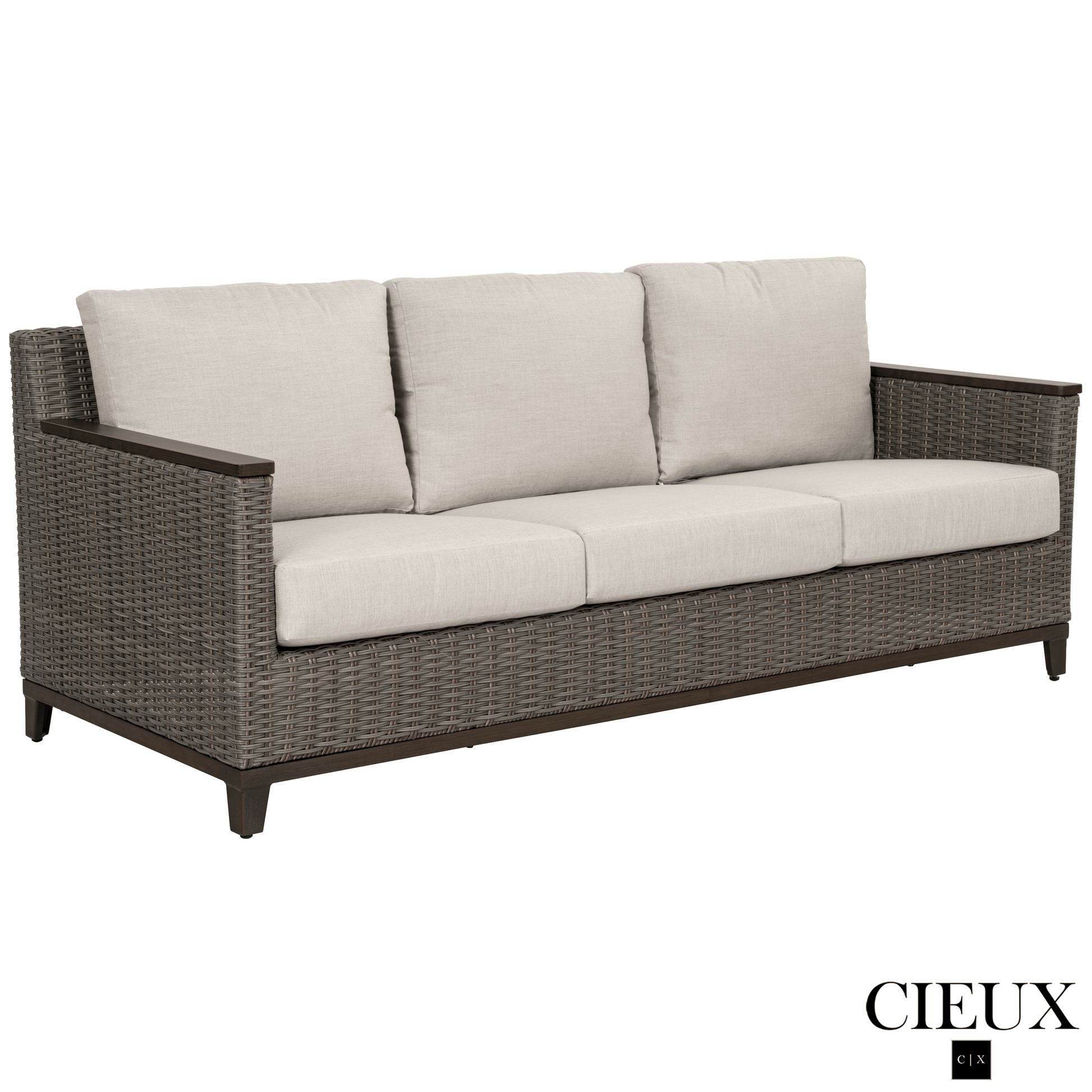 CIEUX Loire Outdoor Patio Aluminum Metal Sofa Conversation Set with Swivel Club Chairs and Sunbrella Cast Silver Cushions, image 5