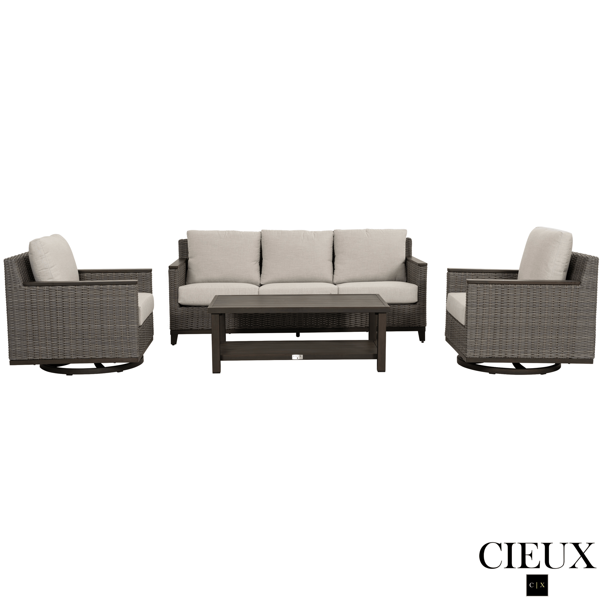 CIEUX Loire Outdoor Patio Aluminum Metal Sofa Conversation Set with Swivel Club Chairs and Sunbrella Cast Silver Cushions, image 4