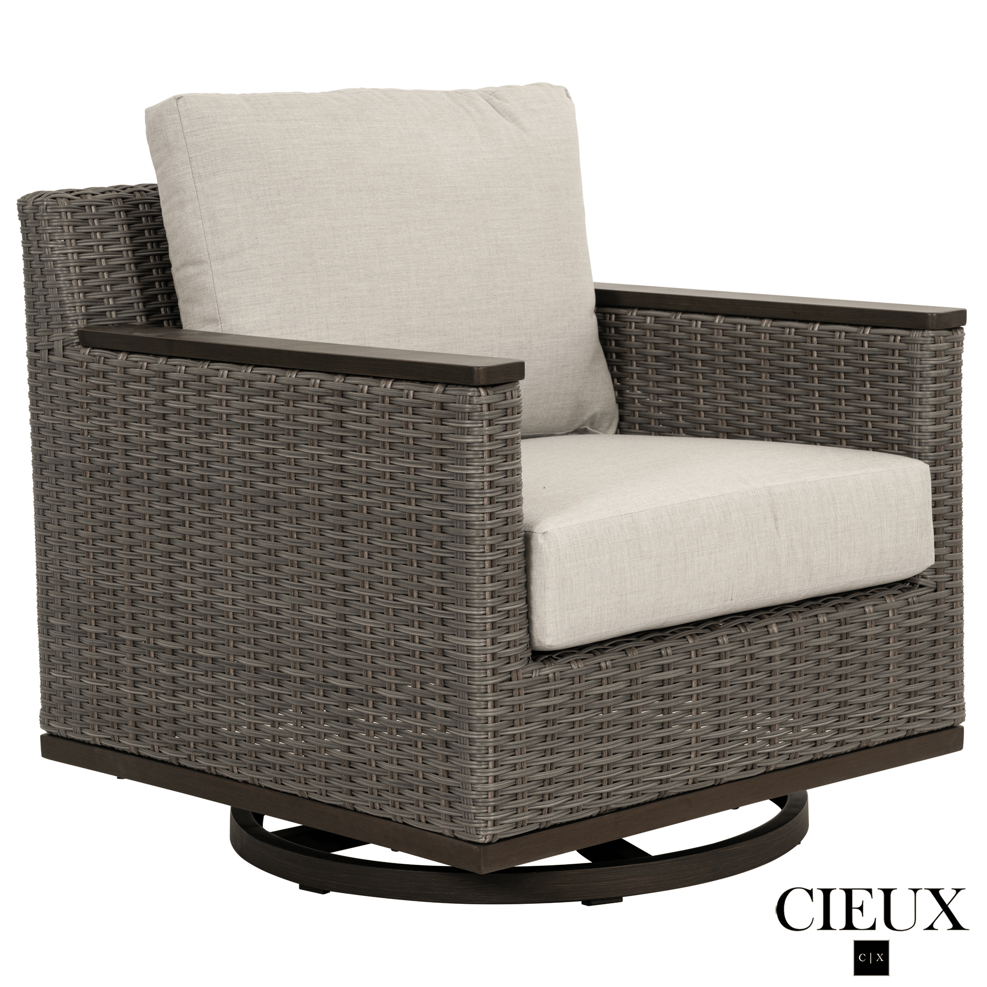 CIEUX Sofa Set Loire Outdoor Patio Aluminum Metal Sofa Conversation Set with Swivel Club Chairs and Sunbrella Cast Silver Cushions