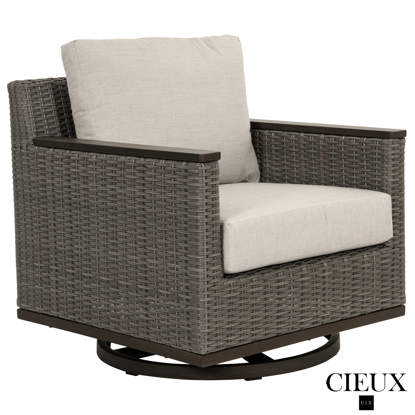 CIEUX Loire Outdoor Patio Aluminum Metal Sofa Conversation Set with Swivel Club Chairs and Sunbrella Cast Silver Cushions, image 7