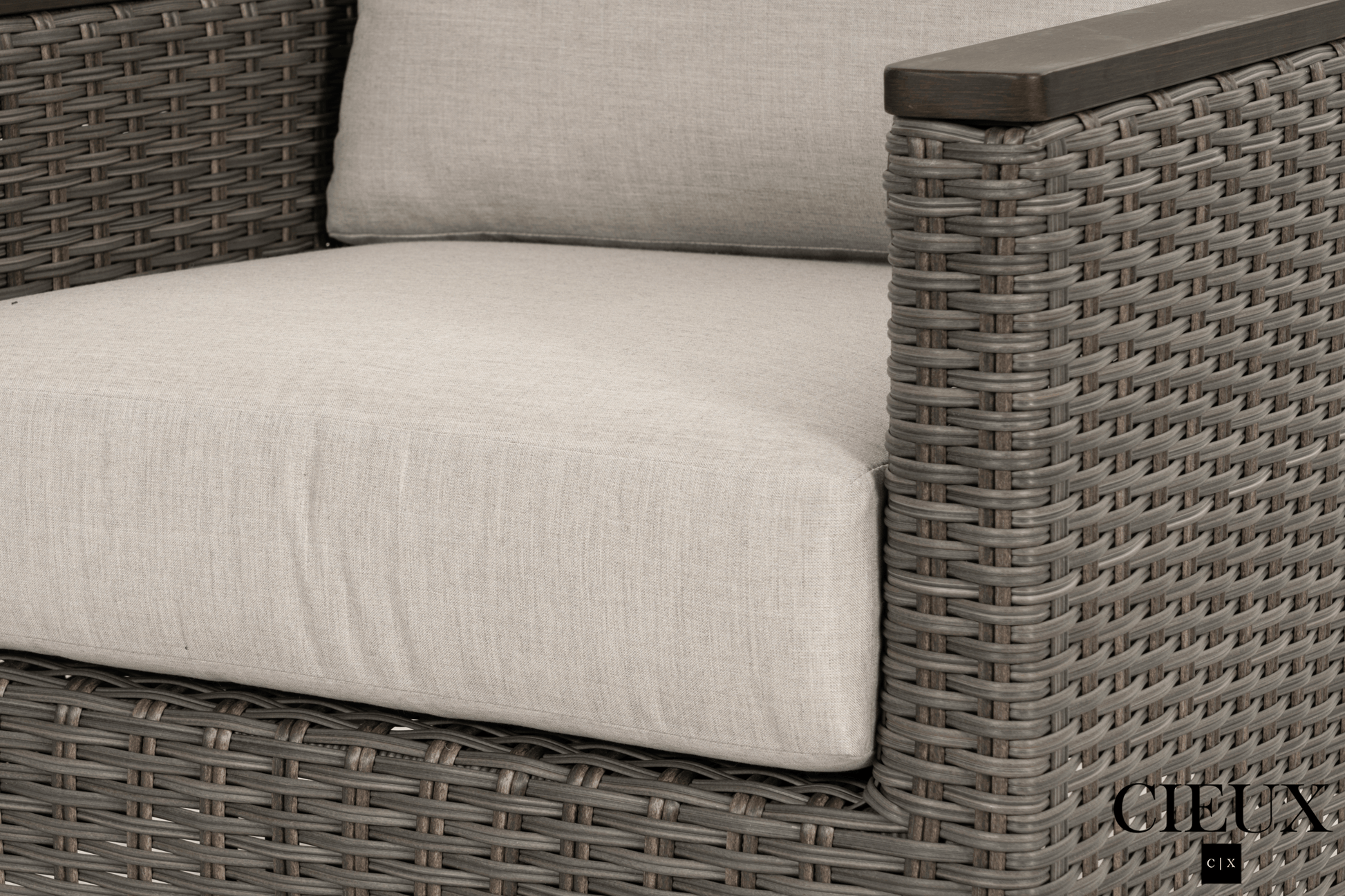 CIEUX Loire Outdoor Patio Aluminum Metal Sofa Conversation Set with Swivel Club Chairs and Sunbrella Cast Silver Cushions, image 9
