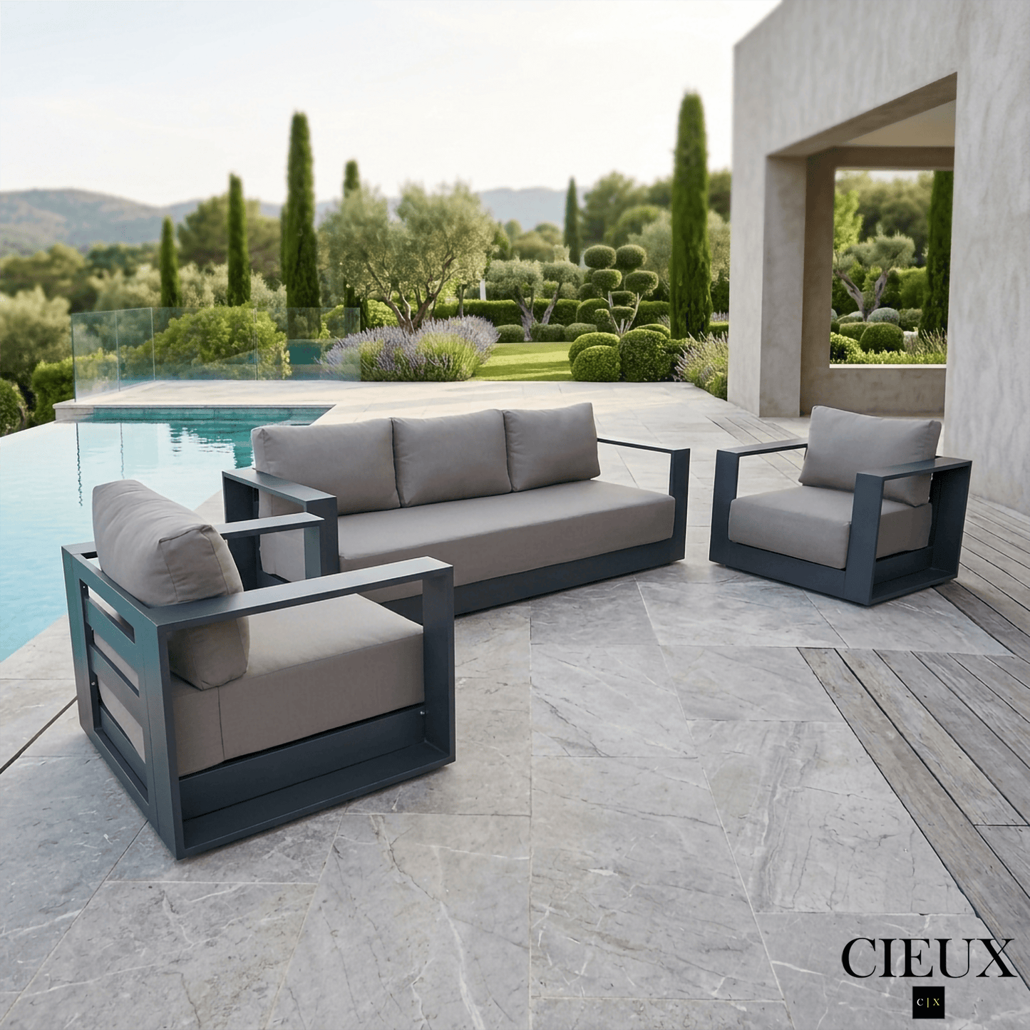 CIEUX Sofa Set Lyon 3 Piece Outdoor Patio Aluminum Metal Sofa and 2 Club Chairs Conversation Set in Midnight Grey with Sunbrella Cushions - Available in 2 Colours