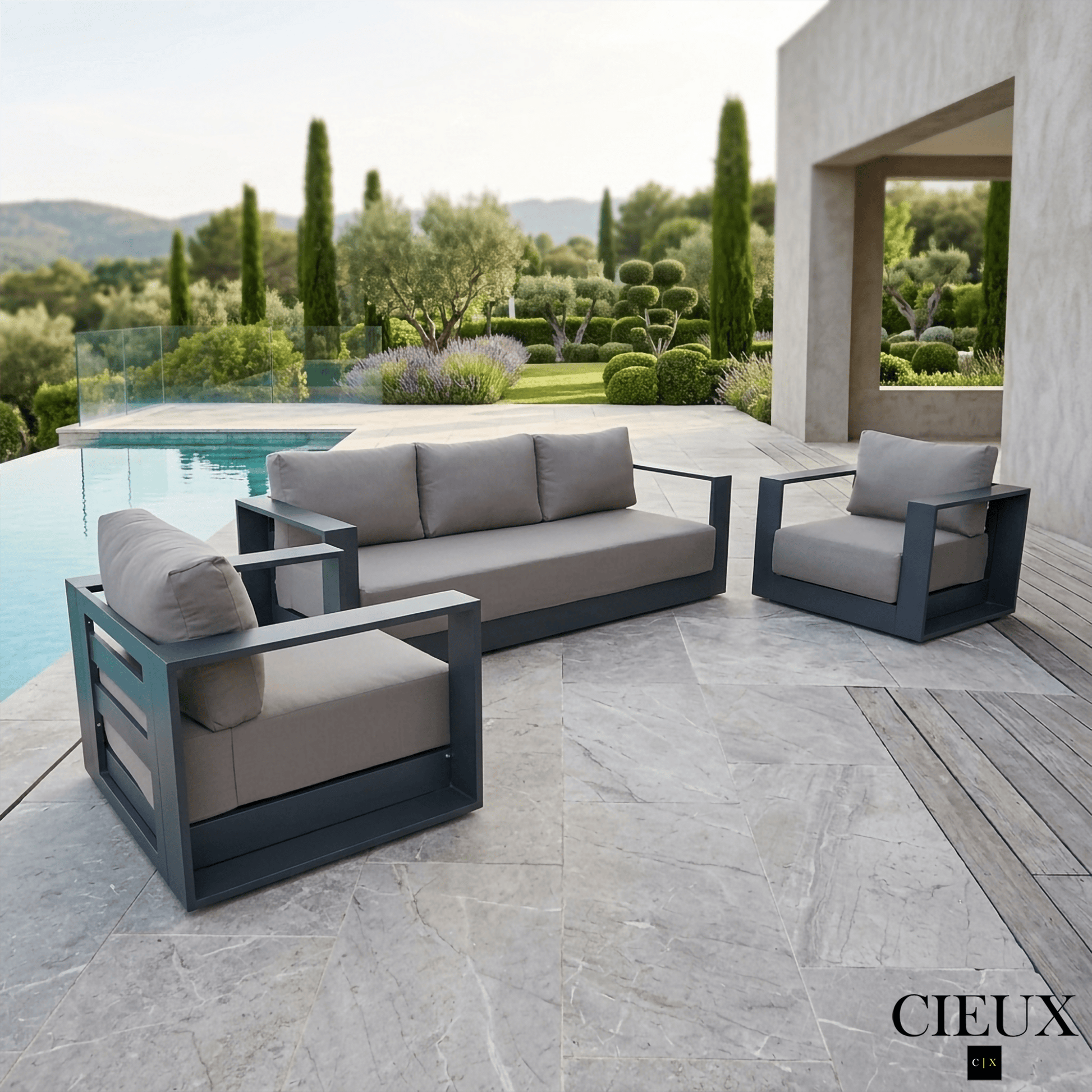 CIEUX Sofa Set Lyon 3 Piece Outdoor Patio Aluminum Metal Sofa and 2 Club Chairs Conversation Set in Midnight Grey with Sunbrella Cushions - Available in 2 Colours