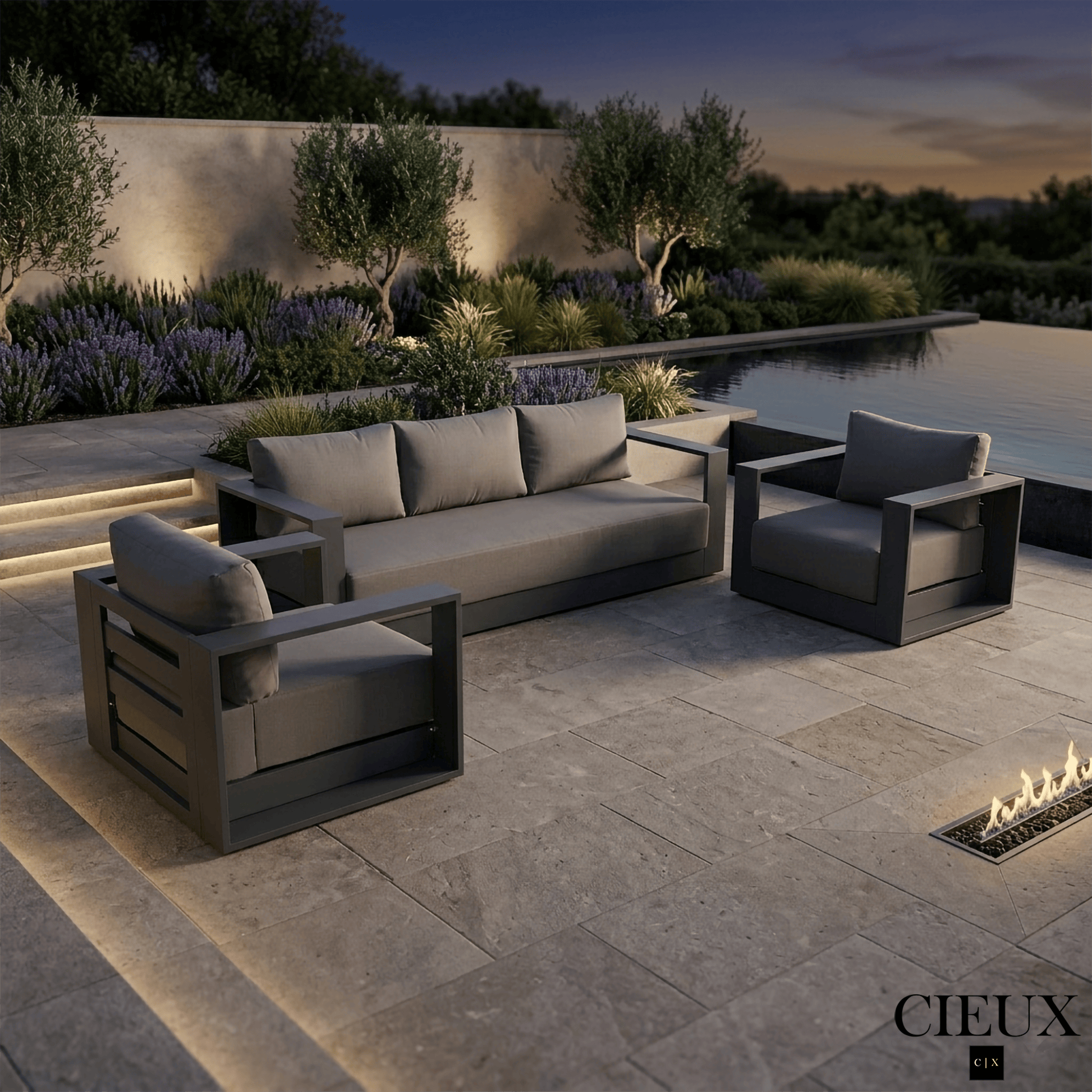 CIEUX Sofa Set Lyon 3 Piece Outdoor Patio Aluminum Metal Sofa and 2 Club Chairs Conversation Set in Midnight Grey with Sunbrella Cushions - Available in 2 Colours