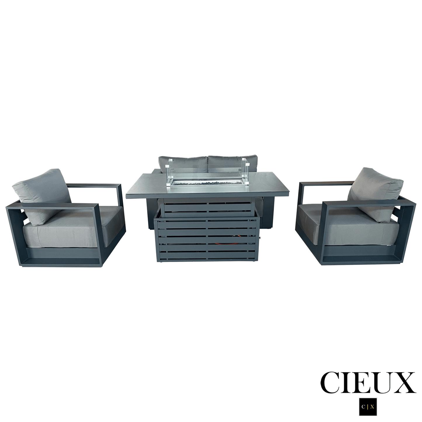 CIEUX Lyon 4 Piece Outdoor Patio Aluminum Metal Loveseat and 2 Club Chairs Conversation Set with Alsace Fire Pit Adjustable Height Table in Midnight Grey with Sunbrella Cushions in Canvas Charcoal, image 3