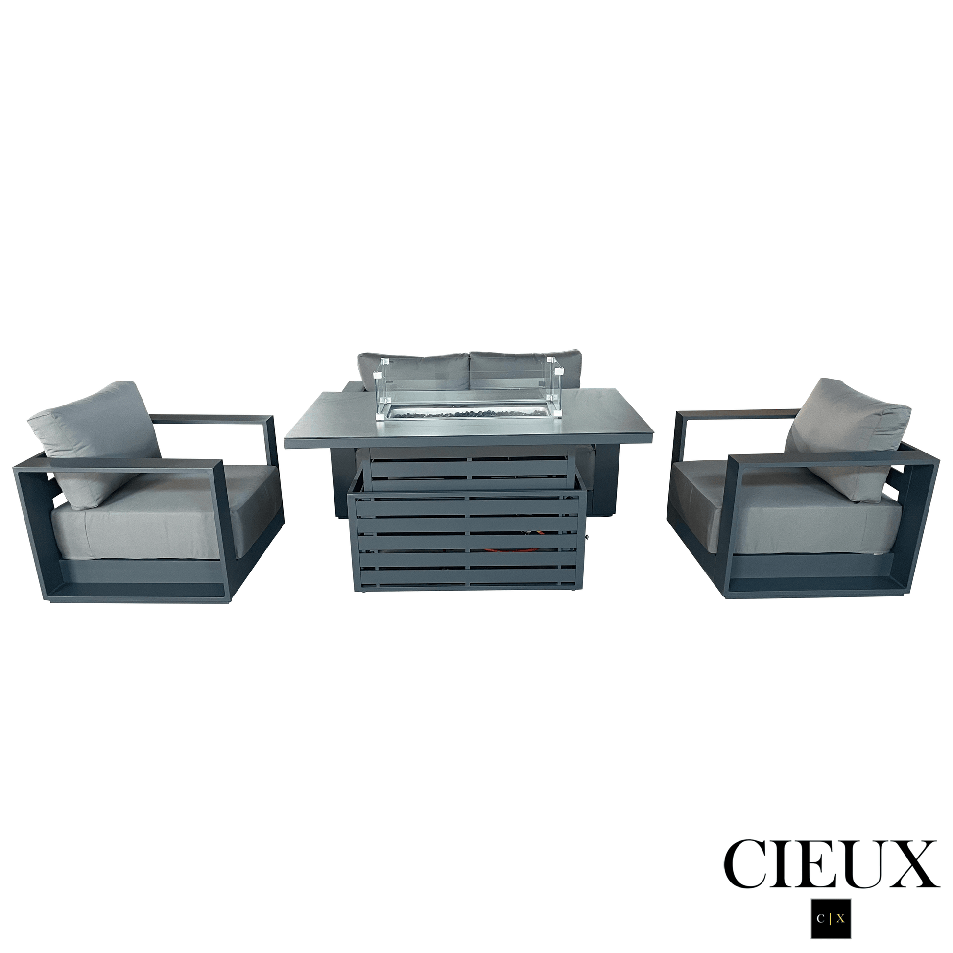 CIEUX Lyon 4 Piece Outdoor Patio Aluminum Metal Loveseat and 2 Club Chairs Conversation Set with Alsace Fire Pit Adjustable Height Table in Midnight Grey with Sunbrella Cushions in Canvas Charcoal, image 3