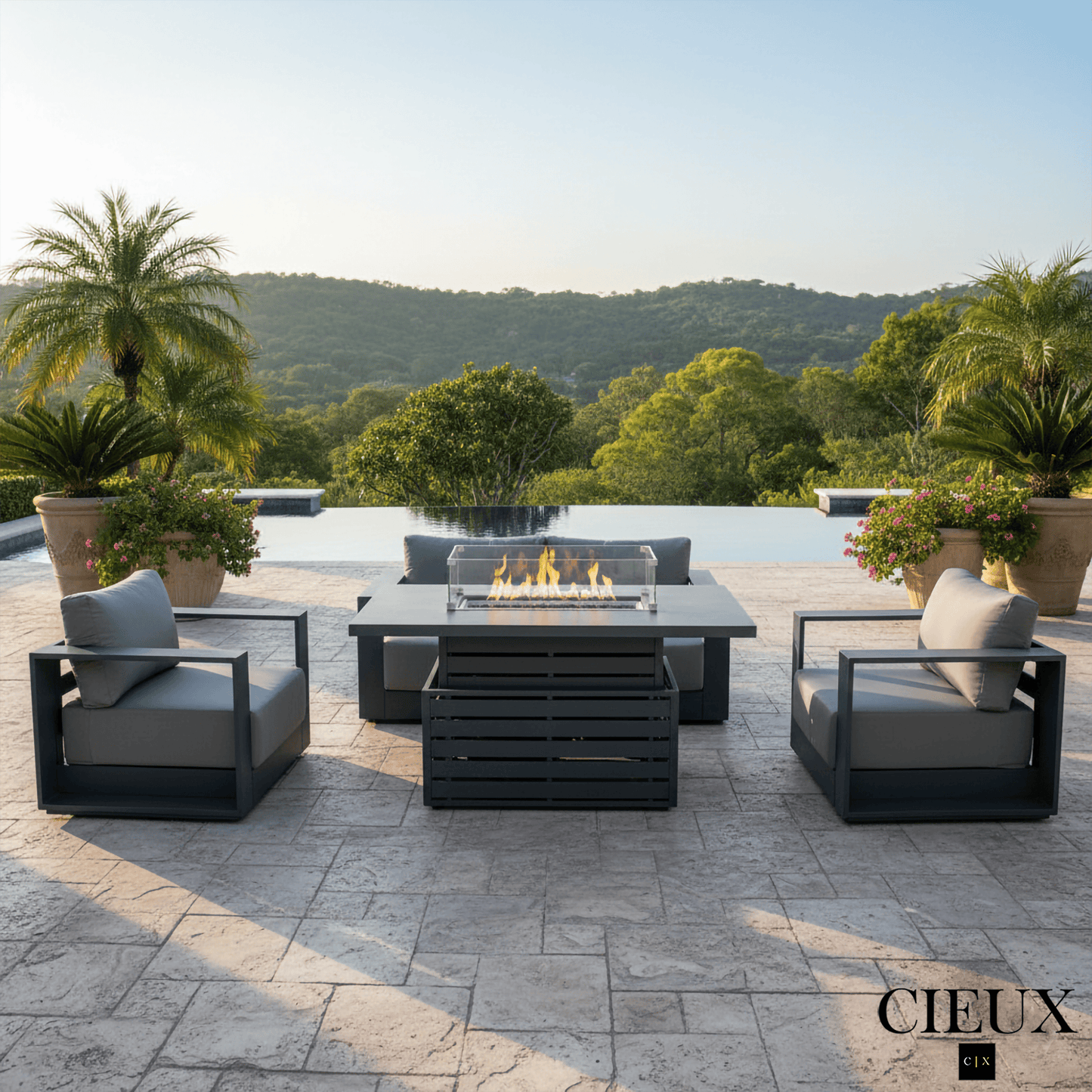 CIEUX Lyon 4 Piece Outdoor Patio Aluminum Metal Loveseat and 2 Club Chairs Conversation Set with Alsace Fire Pit Adjustable Height Table in Midnight Grey with Sunbrella Cushions in Canvas Charcoal, image 1