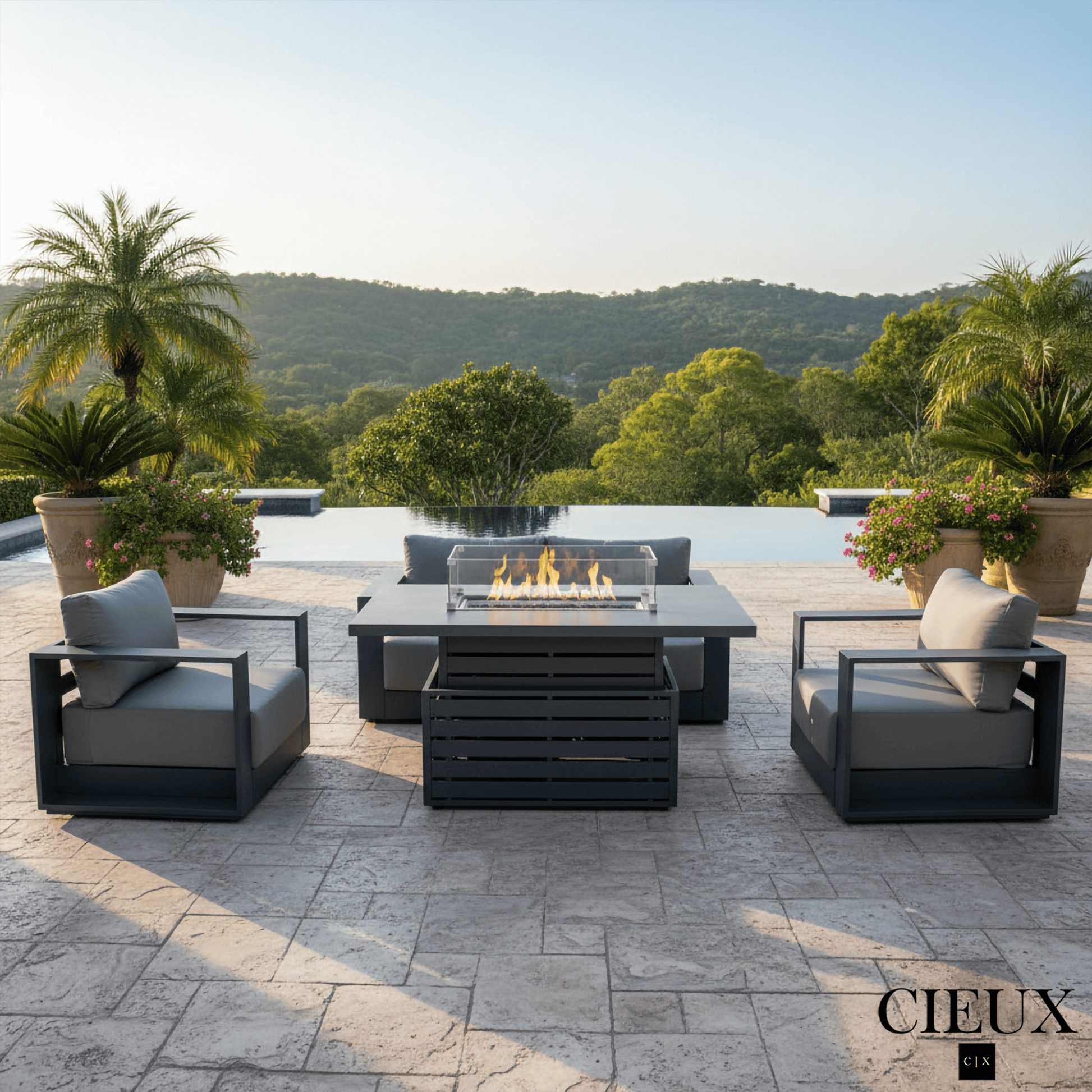 CIEUX Lyon 4 Piece Outdoor Patio Aluminum Metal Loveseat and 2 Club Chairs Conversation Set with Alsace Fire Pit Adjustable Height Table in Midnight Grey with Sunbrella Cushions in Canvas Charcoal, image 1