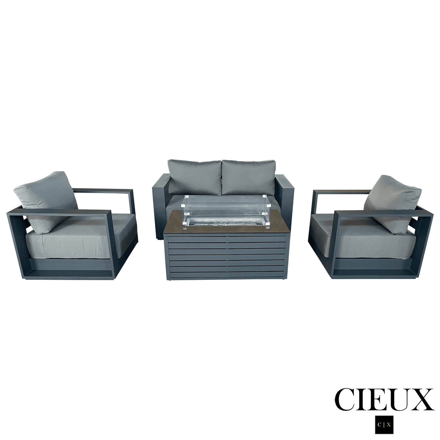 CIEUX Lyon 4 Piece Outdoor Patio Aluminum Metal Loveseat and 2 Club Chairs Conversation Set with Annency Fire Pit Coffee Table in Midnight Grey with Sunbrella Cushions in Canvas Charcoal, image 3