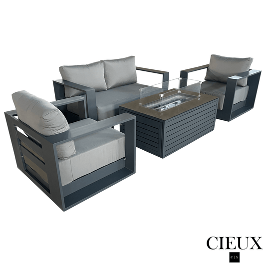CIEUX Sofa Set Lyon 4 Piece Outdoor Patio Aluminum Metal Loveseat and 2 Club Chairs Conversation Set with Annency Fire Pit Coffee Table in Midnight Grey with Sunbrella Cushions in Canvas Charcoal