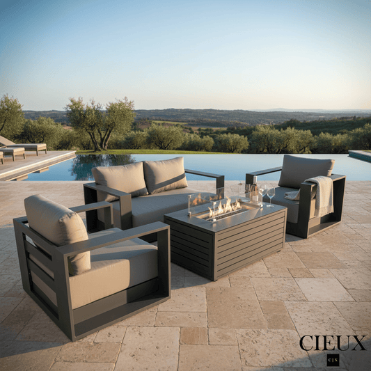 CIEUX Sofa Set Lyon 4 Piece Outdoor Patio Aluminum Metal Loveseat and 2 Club Chairs Conversation Set with Annency Fire Pit Coffee Table in Midnight Grey with Sunbrella Cushions in Canvas Charcoal