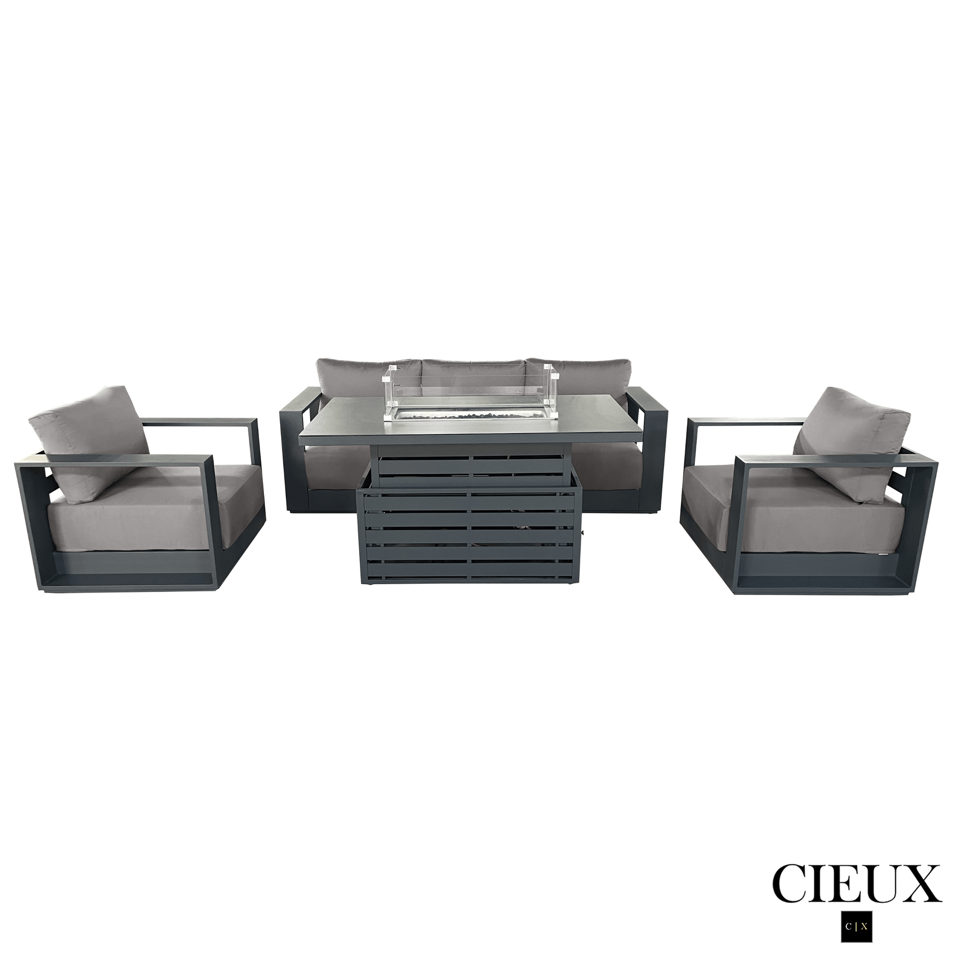 CIEUX Sofa Set Lyon 4 Piece Outdoor Patio Aluminum Metal Sofa and 2 Club Chairs Conversation Set with Alsace Fire Pit Adjustable Height Table in Midnight Grey with Sunbrella Cushions - Available in 2 Colours