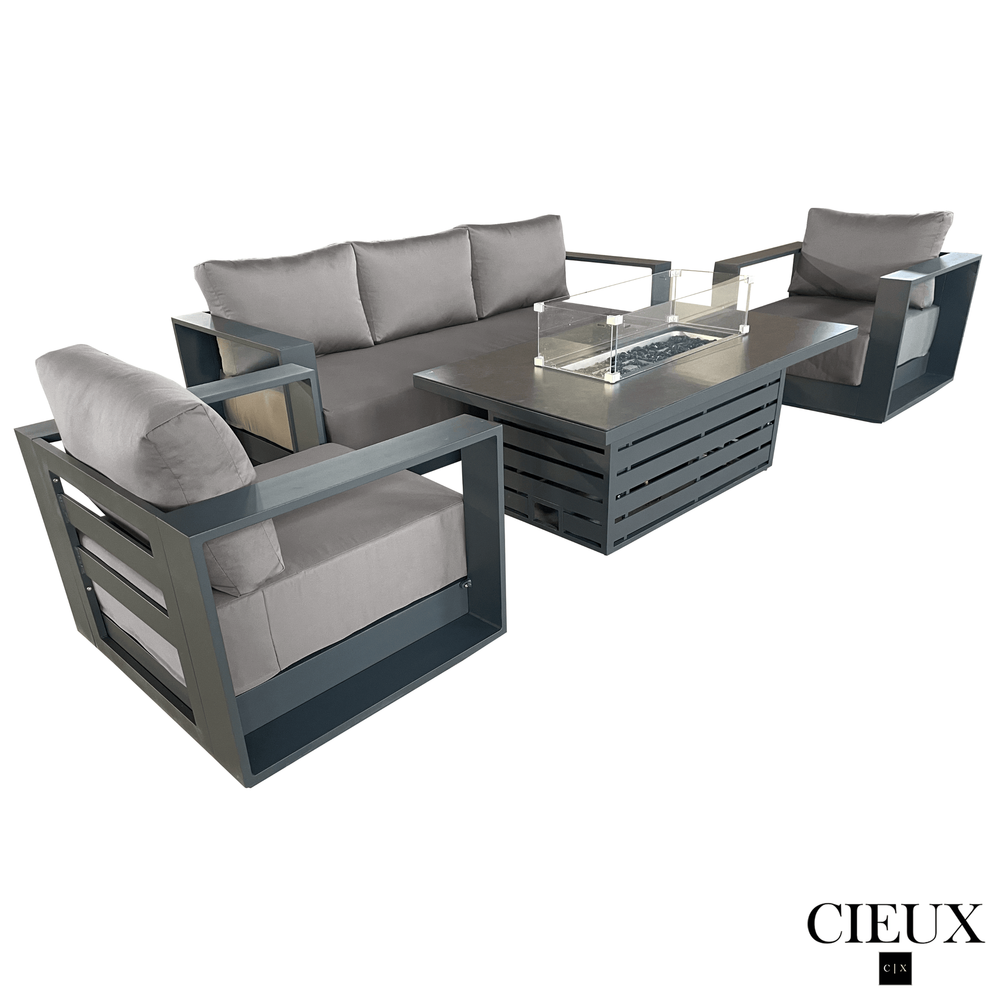 CIEUX Sofa Set Lyon 4 Piece Outdoor Patio Aluminum Metal Sofa and 2 Club Chairs Conversation Set with Alsace Fire Pit Adjustable Height Table in Midnight Grey with Sunbrella Cushions - Available in 2 Colours