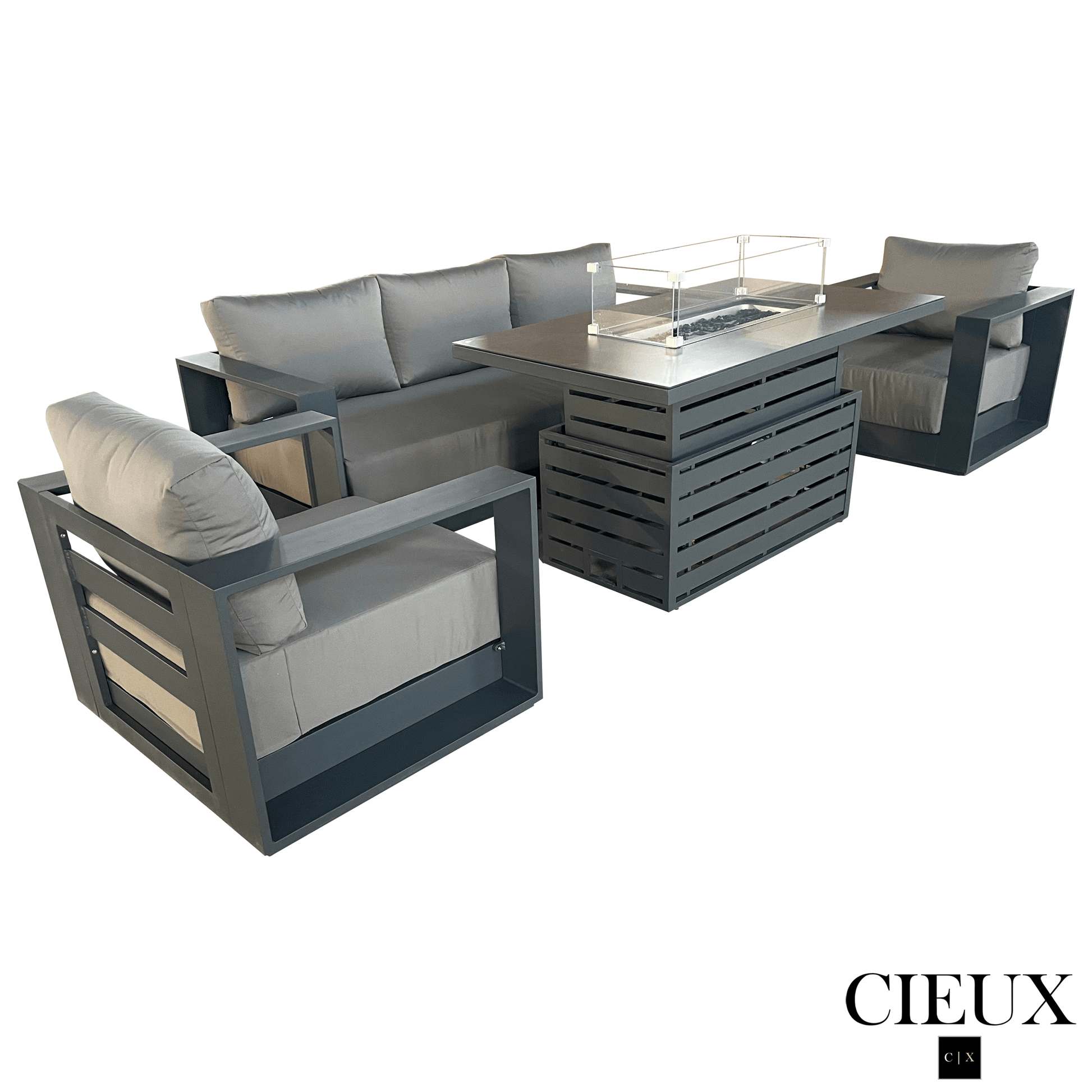 CIEUX Sofa Set Lyon 4 Piece Outdoor Patio Aluminum Metal Sofa and 2 Club Chairs Conversation Set with Alsace Fire Pit Adjustable Height Table in Midnight Grey with Sunbrella Cushions - Available in 2 Colours